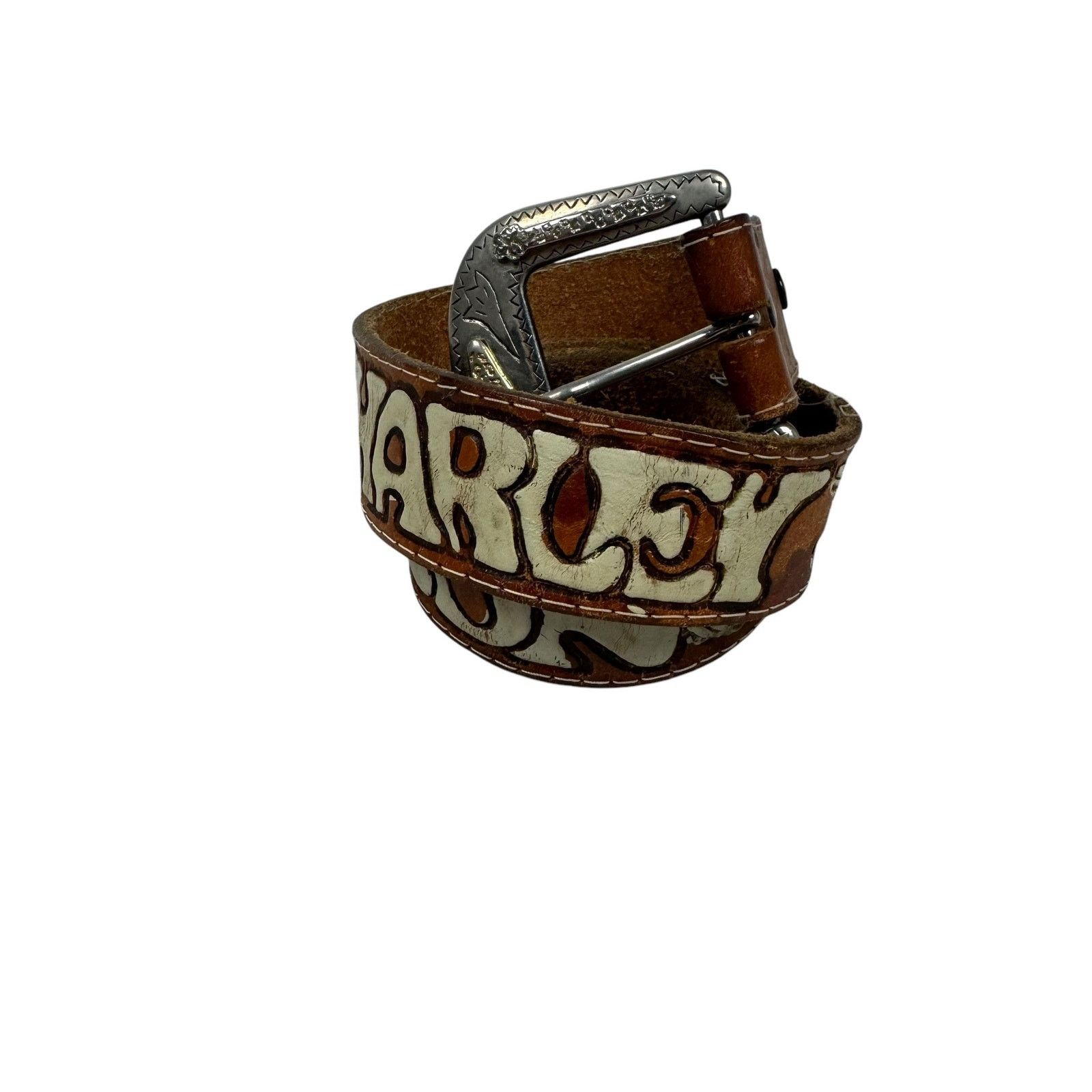 Harley Davidson × Vintage Harley-Davidson Unisex Brown Leather Belt with Silver Buckle Size ONE SIZE - 2 Thumbnail