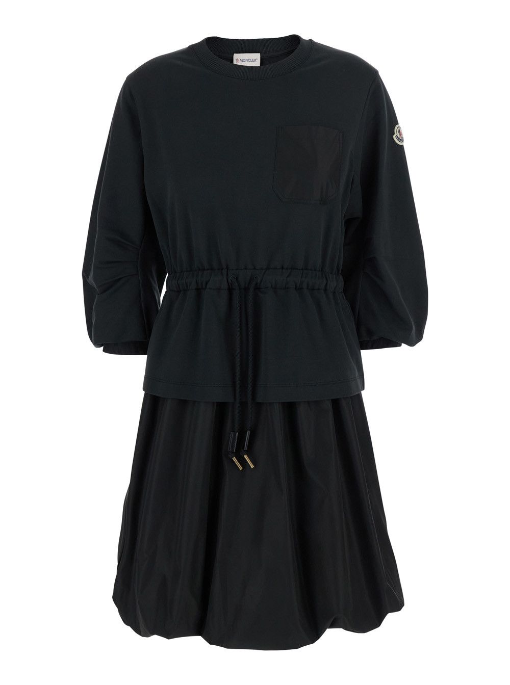 Moncler Black Dress with Elastic Waist and Logo Patch on the Sleeve in Tech Fabric Woman Size M / US 6-8 / IT 42-44 - 1 Thumbnail