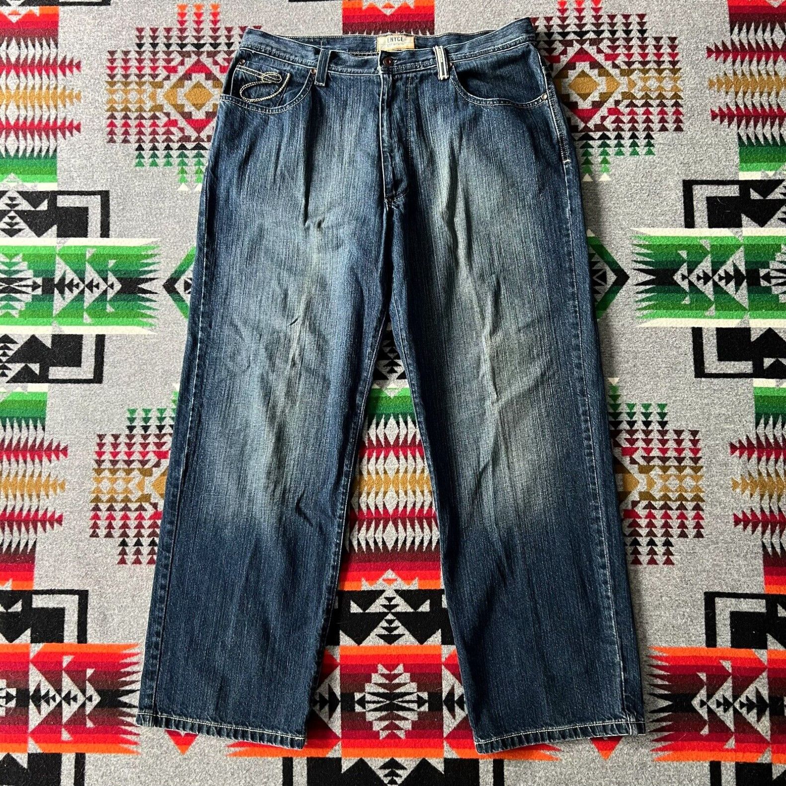 image of Vintage Enyce Jeans Men's Size 38X31 Blue Denim Baggy Y2K Wide Leg Hip Hop B8 in White