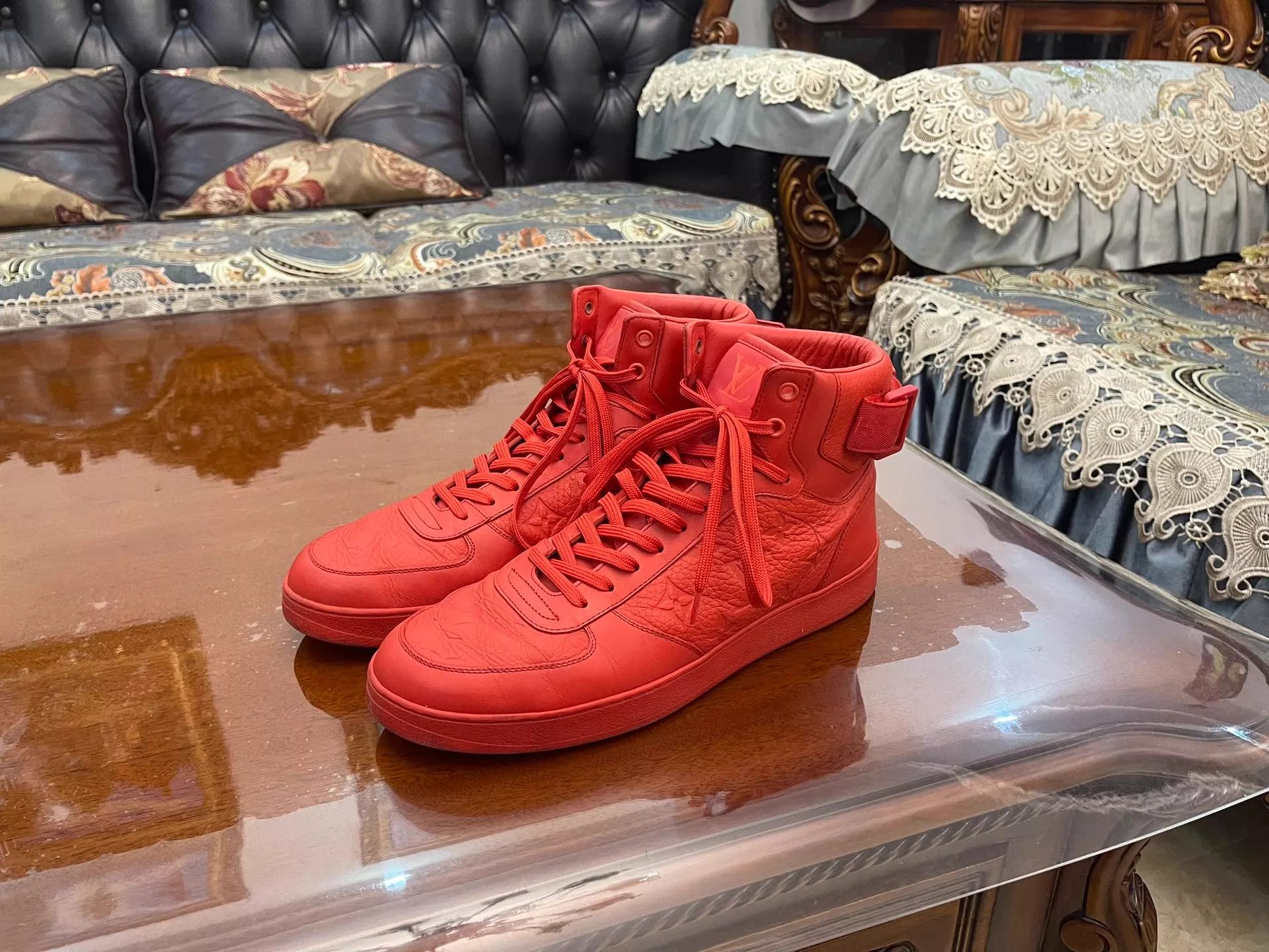 Louis Vuitton LV High-Top 7US Red Litchi Leather Full Logo Kicks Size US 8 / EU 41 - 1 Thumbnail