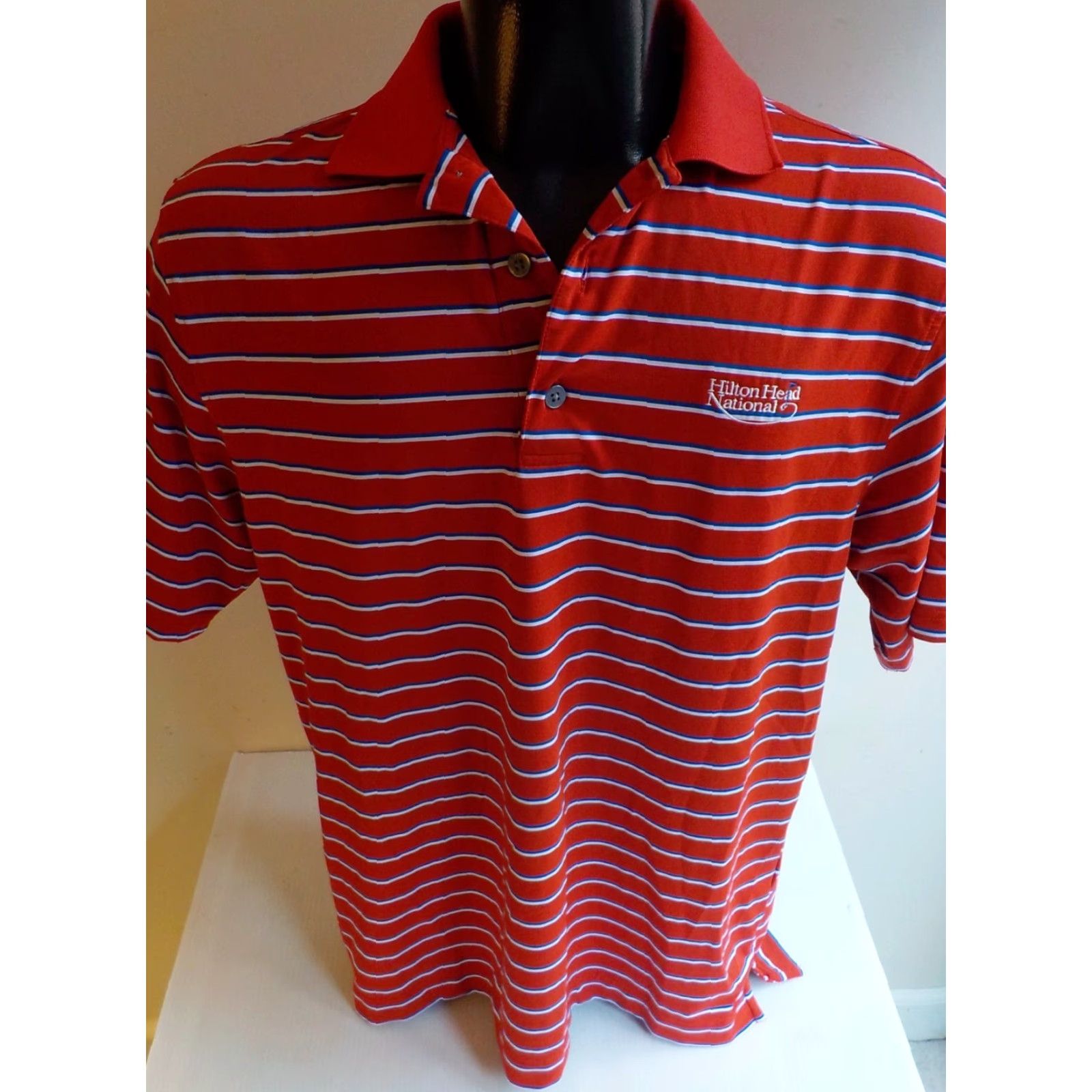 Footjoy VINTAGE Footjoy Striped Polo Shirt Mens Medium Red White Blue Hilton Head National Logo Polo Shirt Size US M / EU 48-50 / 2 - 2 Thumbnail