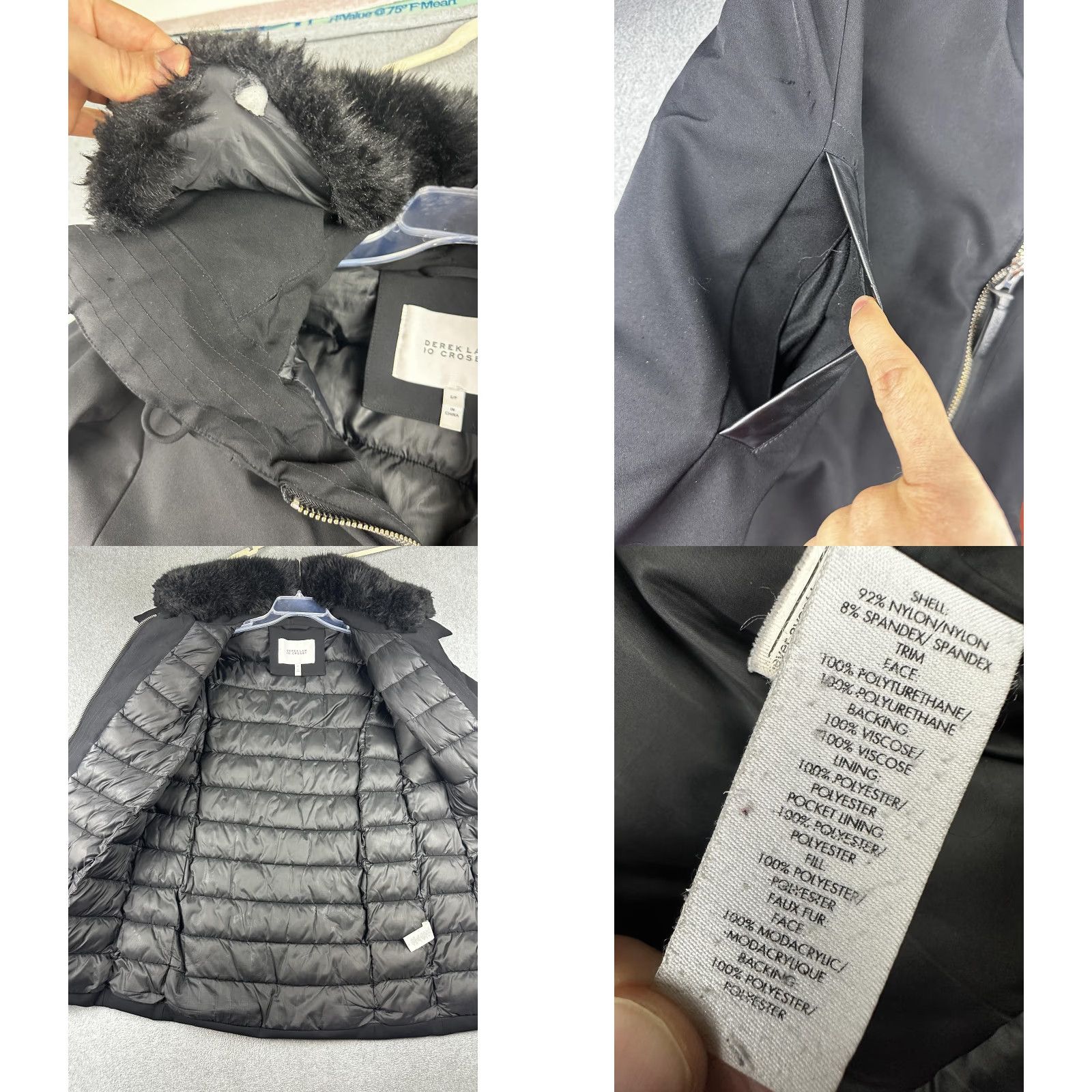 Vintage Derek Lam 10 Crosby Jacket Womens Small Black Faux Fur Hood Long Zip Coat Size S / US 4 / IT 40 - 8 Thumbnail
