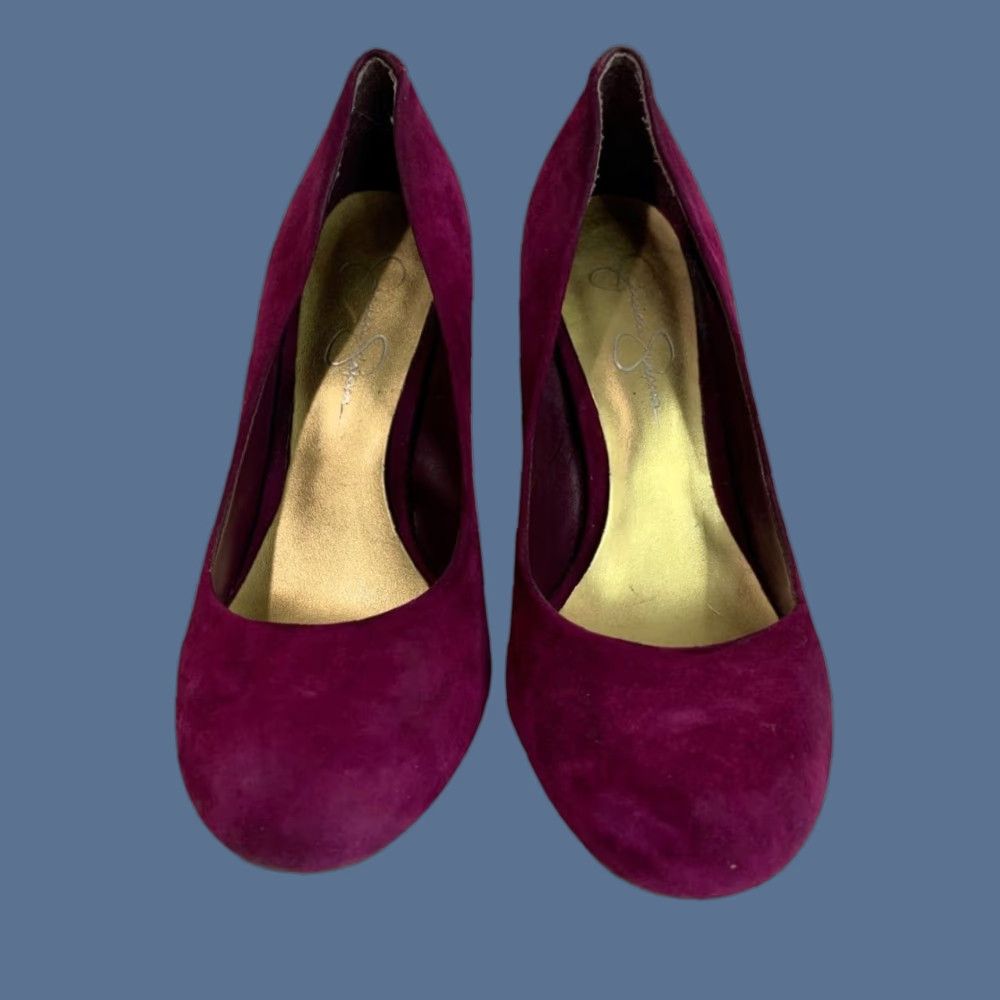 Jessica Simpson Jessica Simpson Womens Oscar Purple Faux Suede Heels 7.5 Pump Gold Flaws Red 4" Heel Womens Size US 8 / IT 38 - 1 Thumbnail