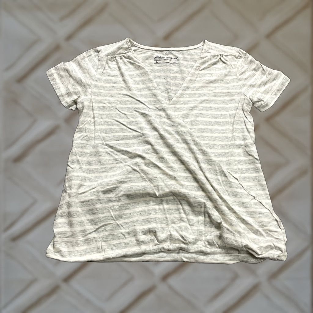 Eddie Bauer Eddie Bauer Shirt Women Small Beige Striped Short Sleeve Soft Wrap Deep V Neck Size S / US 4 / IT 40 - 1 Thumbnail