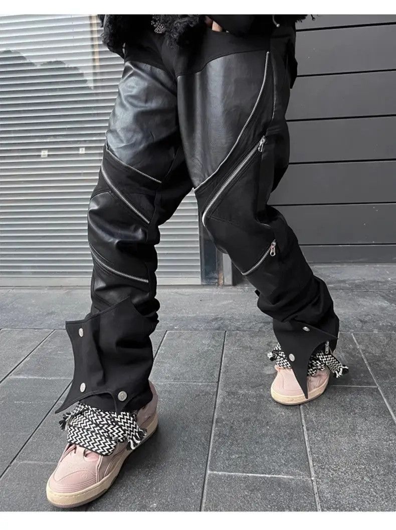 Japanese Brand Patchwork Faux Multiple Zippers Jeans Trousers Leather Pants Size US 32 / EU 48 - 4 Thumbnail