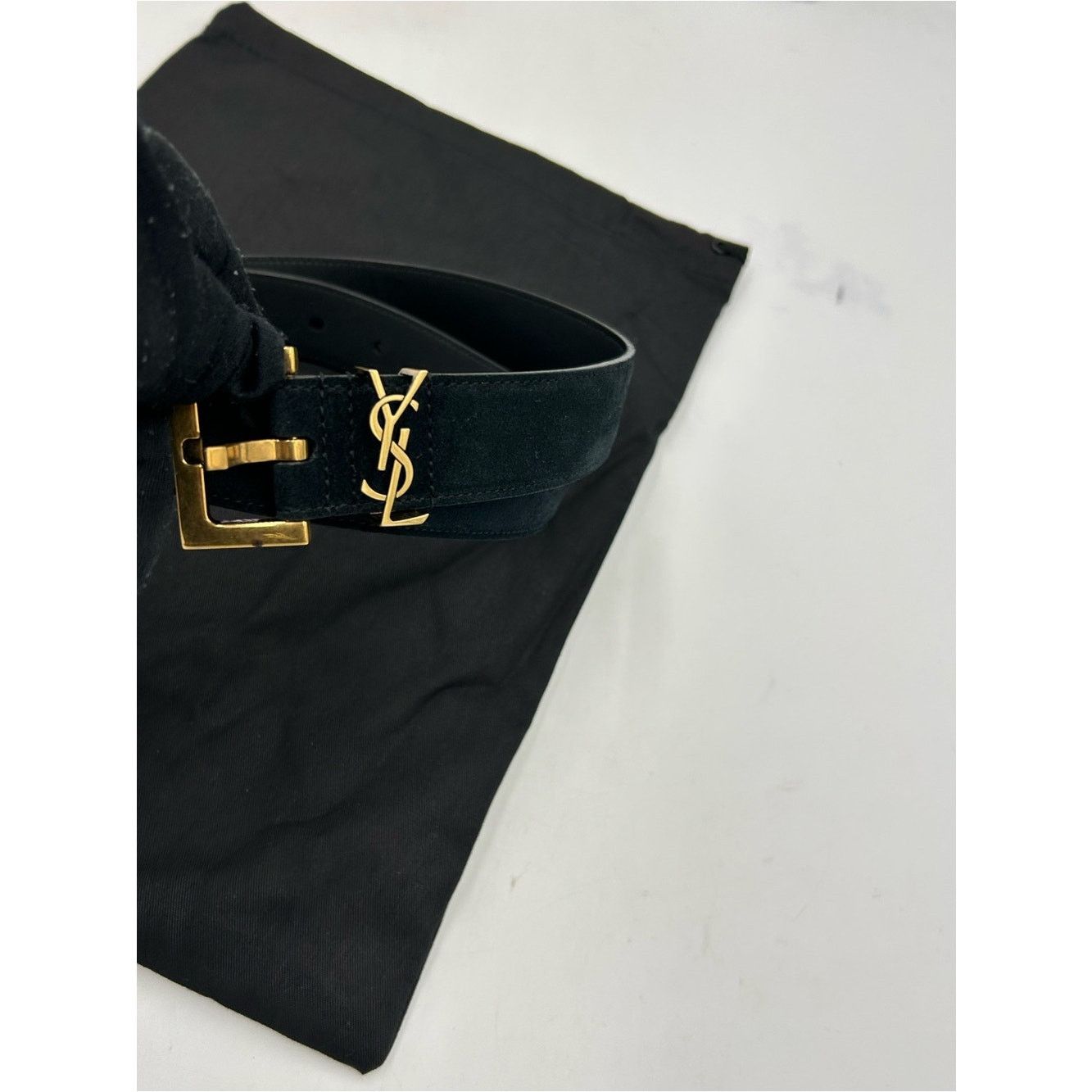 Saint Laurent Black Suede Belt Gold YSL Logo 80/32 inches display picture 1