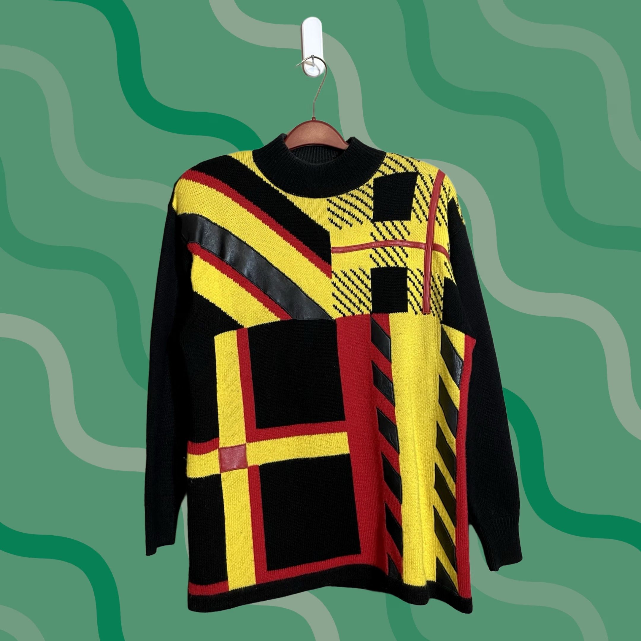 Vintage Suzelle Abstract Sweater Black Red Yellow Size M Wool Blend 1990s Retro Hong Kong Everyday Mens Womens Girls Boys Size M / US 6-8 / IT 42-44 - 1 Thumbnail