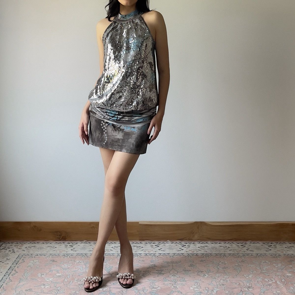 a line wedding dress with straps Vintage 90s Sequined Party Dress Black Sleeveless Niteline Della Roufa –  RareJule Vintage main image 1