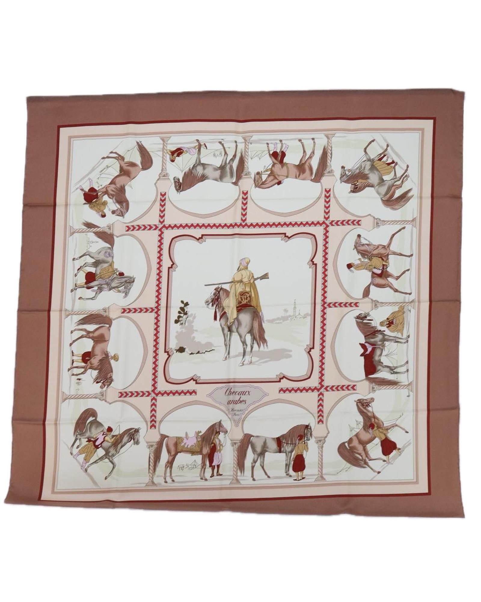 image of Hermes Silk Brown Horse Print Designer Scarf, Women's