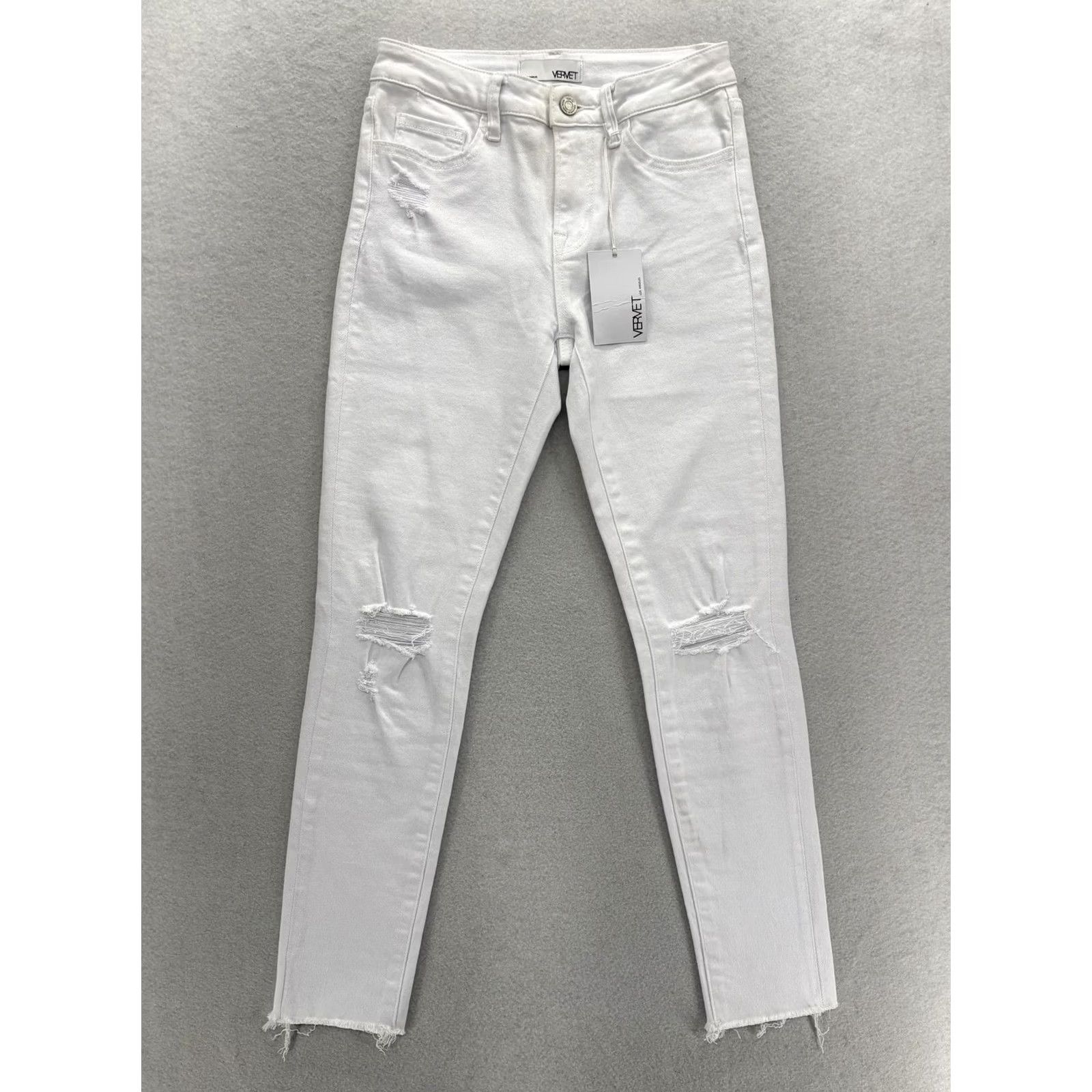 Denime Vervet Skinny Jeans Womens 27 Mid Rise White Distressed Raw Hem Stretch Denim Jeans Women 27in 5-Pocket Art Fringe Vintage No Size 27" / US 4 / IT 40 - 2 Thumbnail