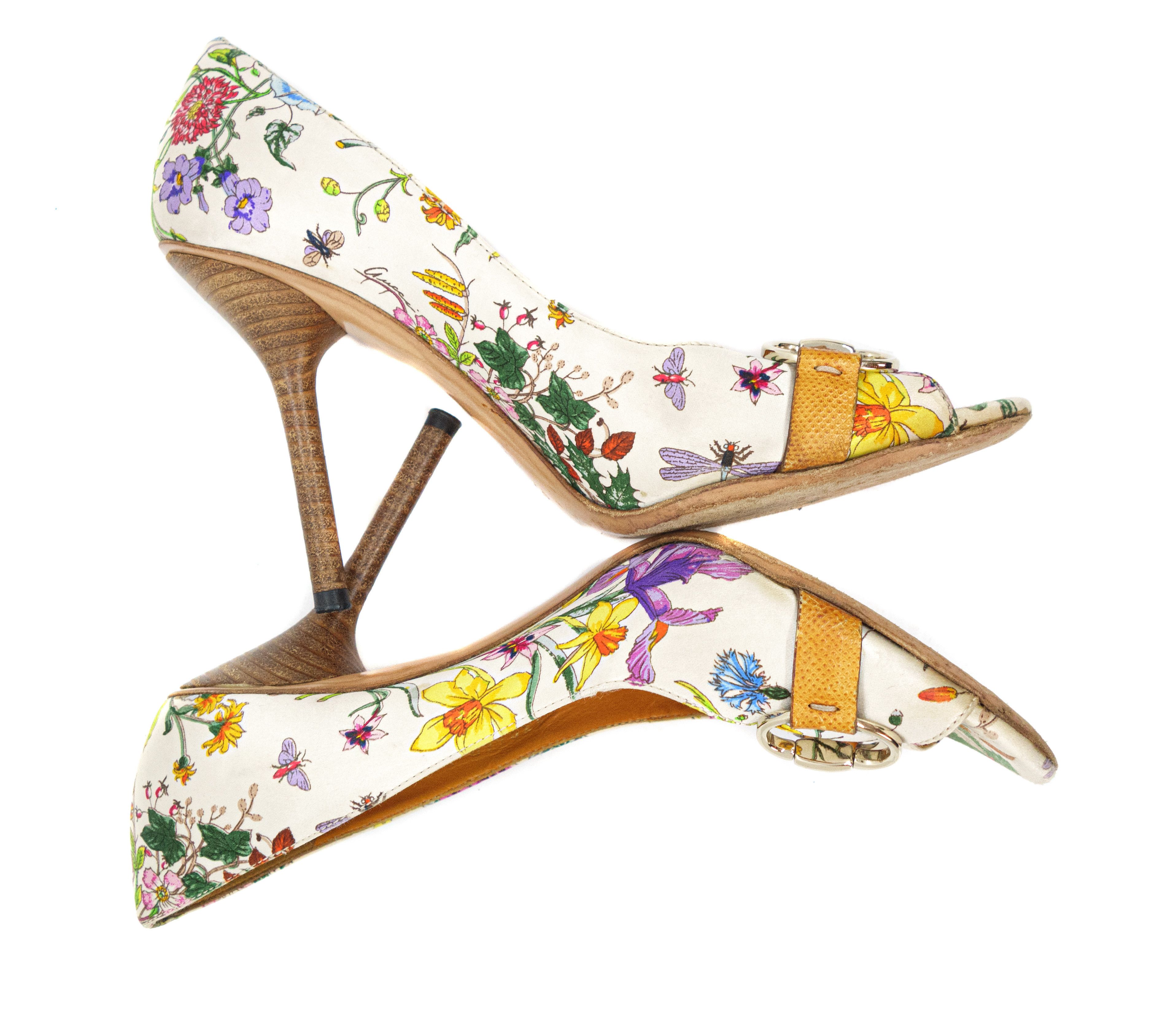 Gucci Botanical Floral Satin Horsebit Peep Heels Size US 7 / IT 37 - 4 Thumbnail
