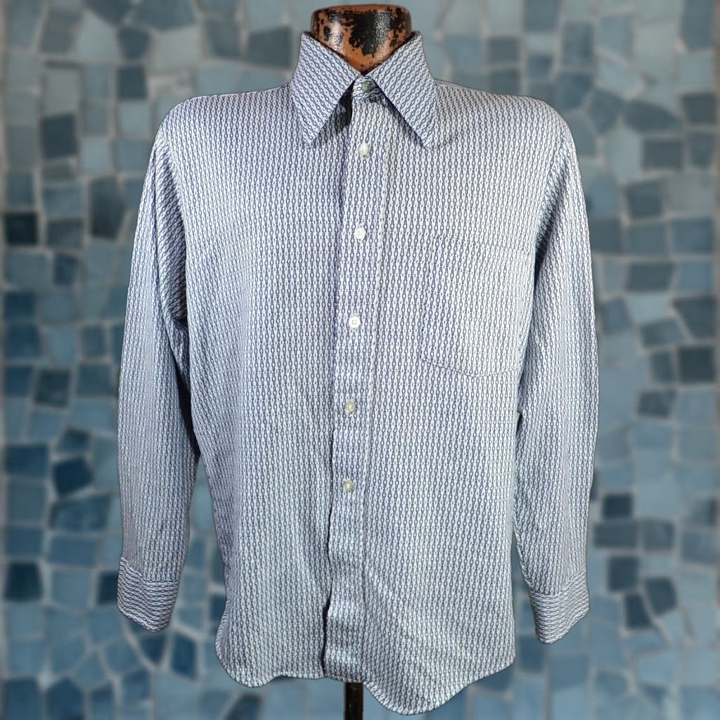 Vintage Montgomery Ward Disco Shirt Button Front Long Sleeve 70s Vintage Big Collar Mens L Blue Geometric Print 70s Vintage Size US L / EU 52-54 / 3 - 1 Thumbnail