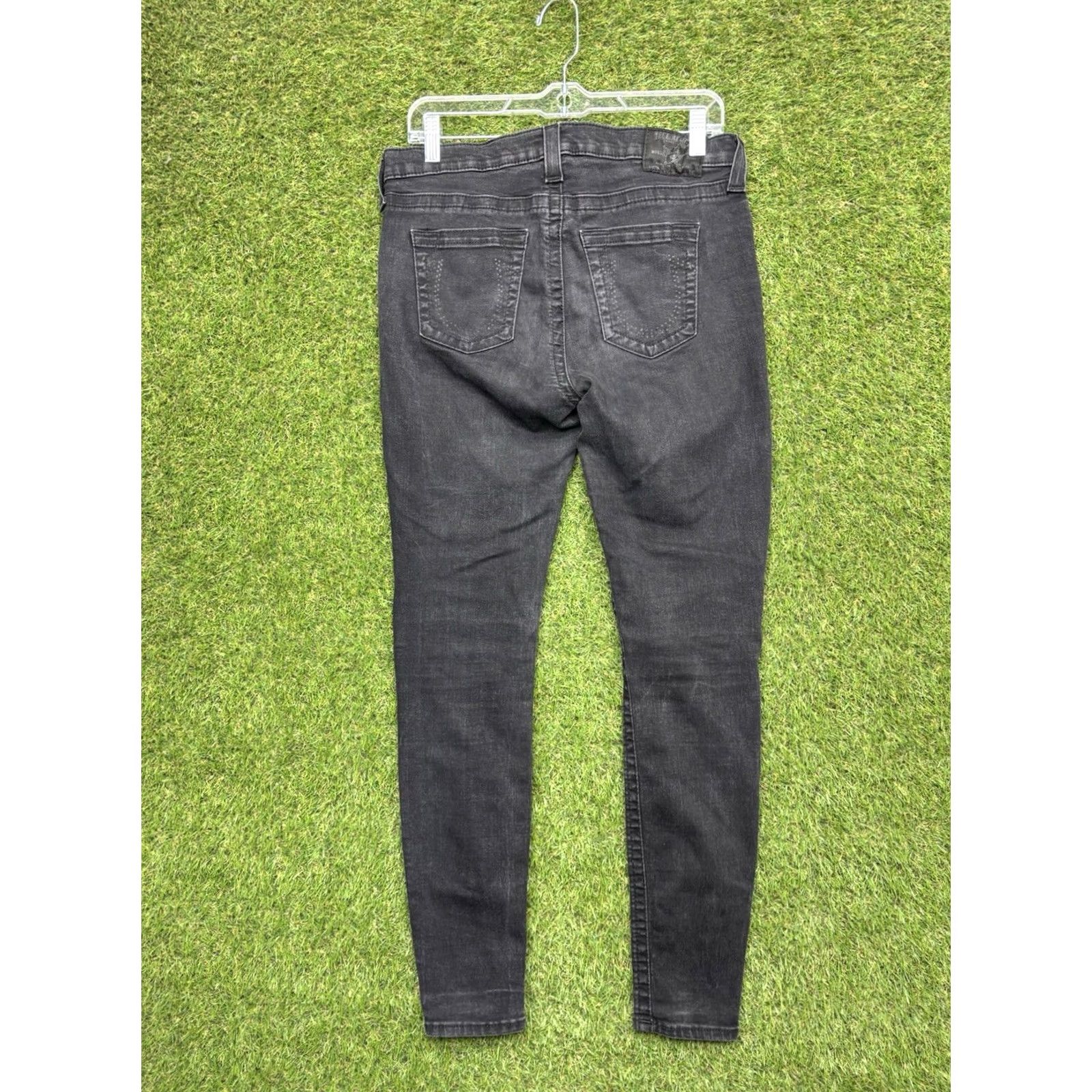 True Religion True Religion Jeans Womens 32 Black Halle Crystal Skinny Distressed Mid Rise Ankle Zip 5-Pocket Dark Wash World Tour Halle Womens Slim Jeans Size 24" / US 00 / IT 34 - 2 Thumbnail