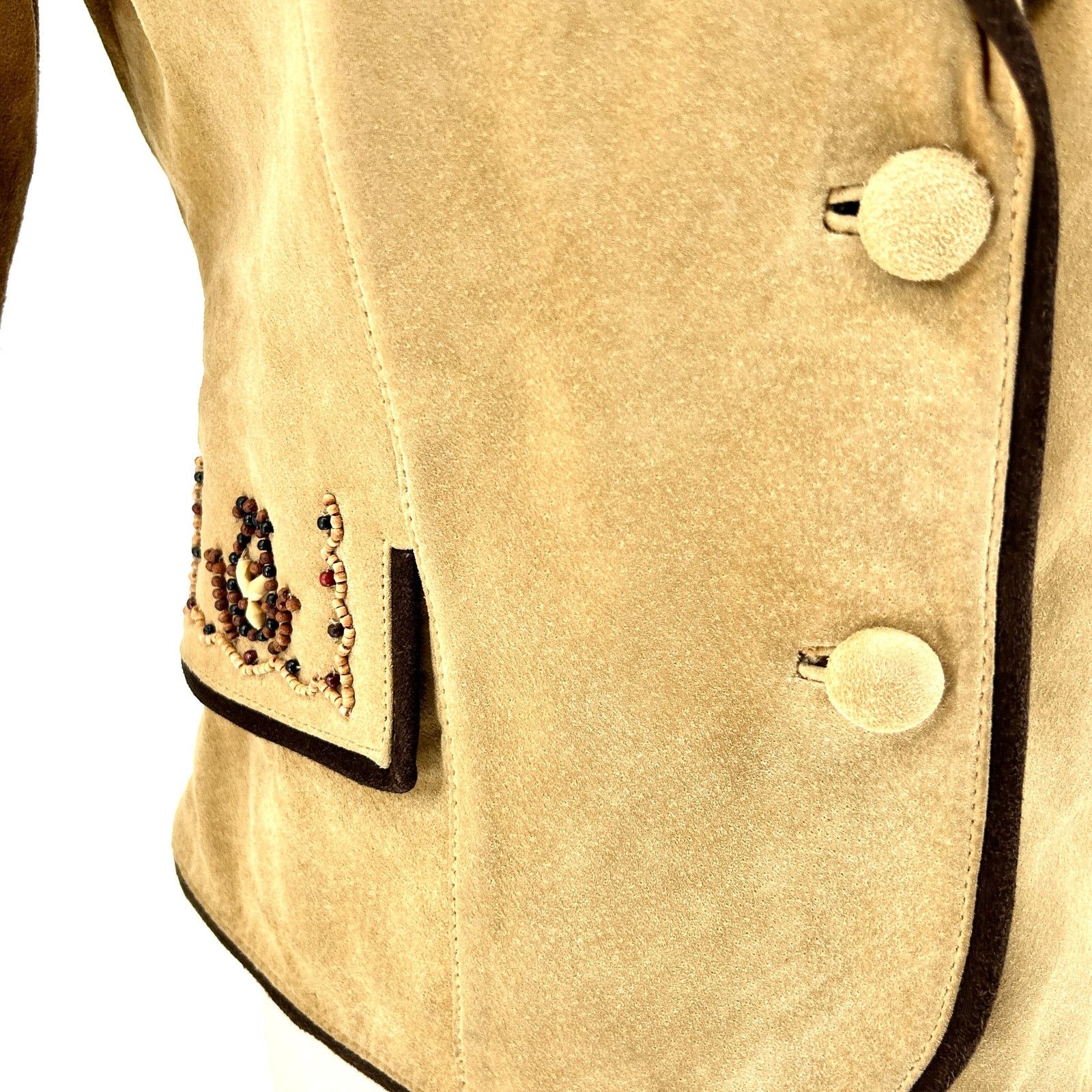 Vintage 90s Margaret Godfrey Tan Genuine Suede Beaded Western Blazer Size S / US 4 / IT 40 - 4 Thumbnail