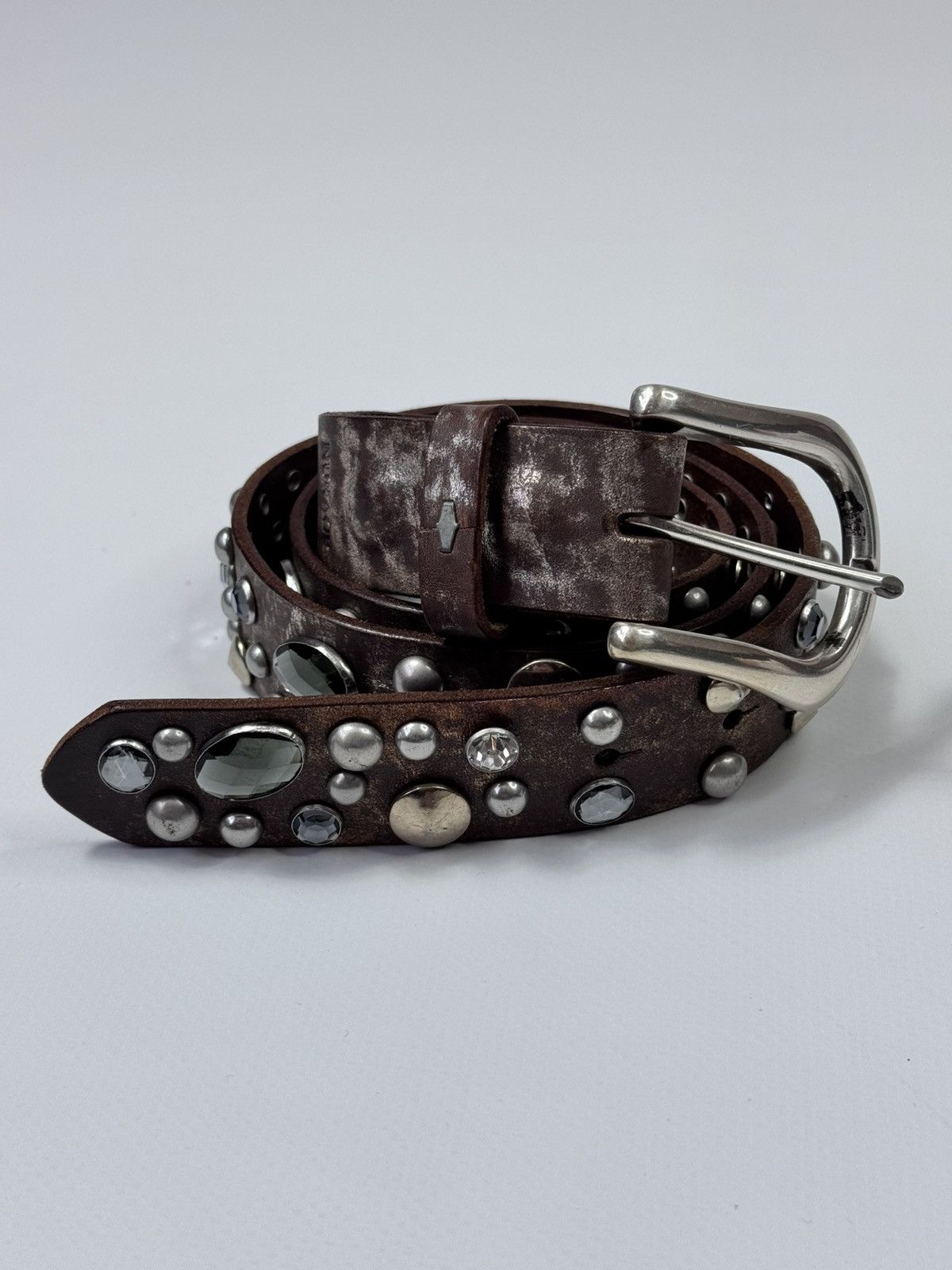 Y2K Nurage Rhinestone Leather Belt Crystal Embellished in Brown, Men’s