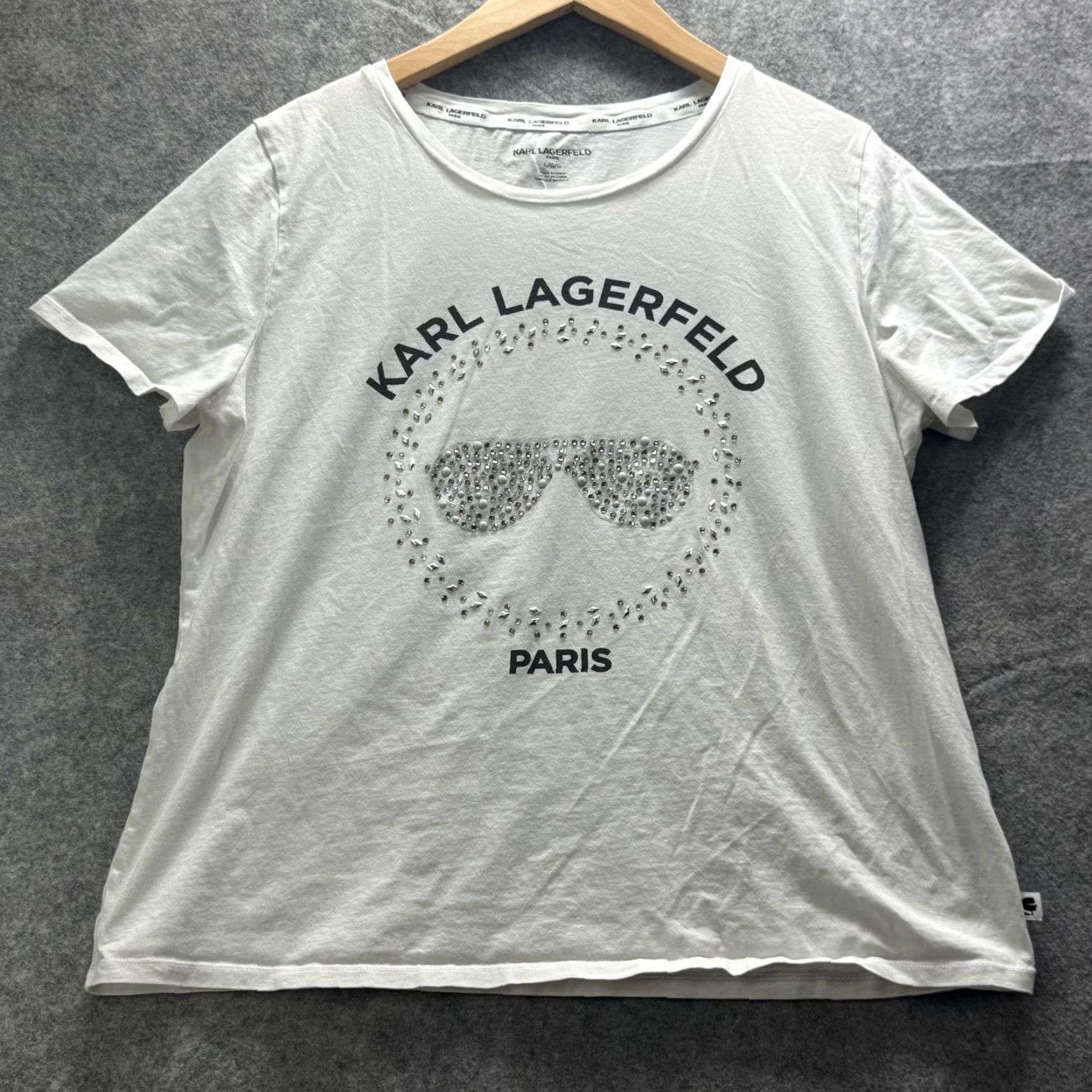 Karl Lagerfeld VINTAGE: No — Karl Lagerfeld Shirt Womens Large White Rhinestone Sunglasses Paris Graphic Tee Size L / US 10 / IT 46 - 2 Thumbnail