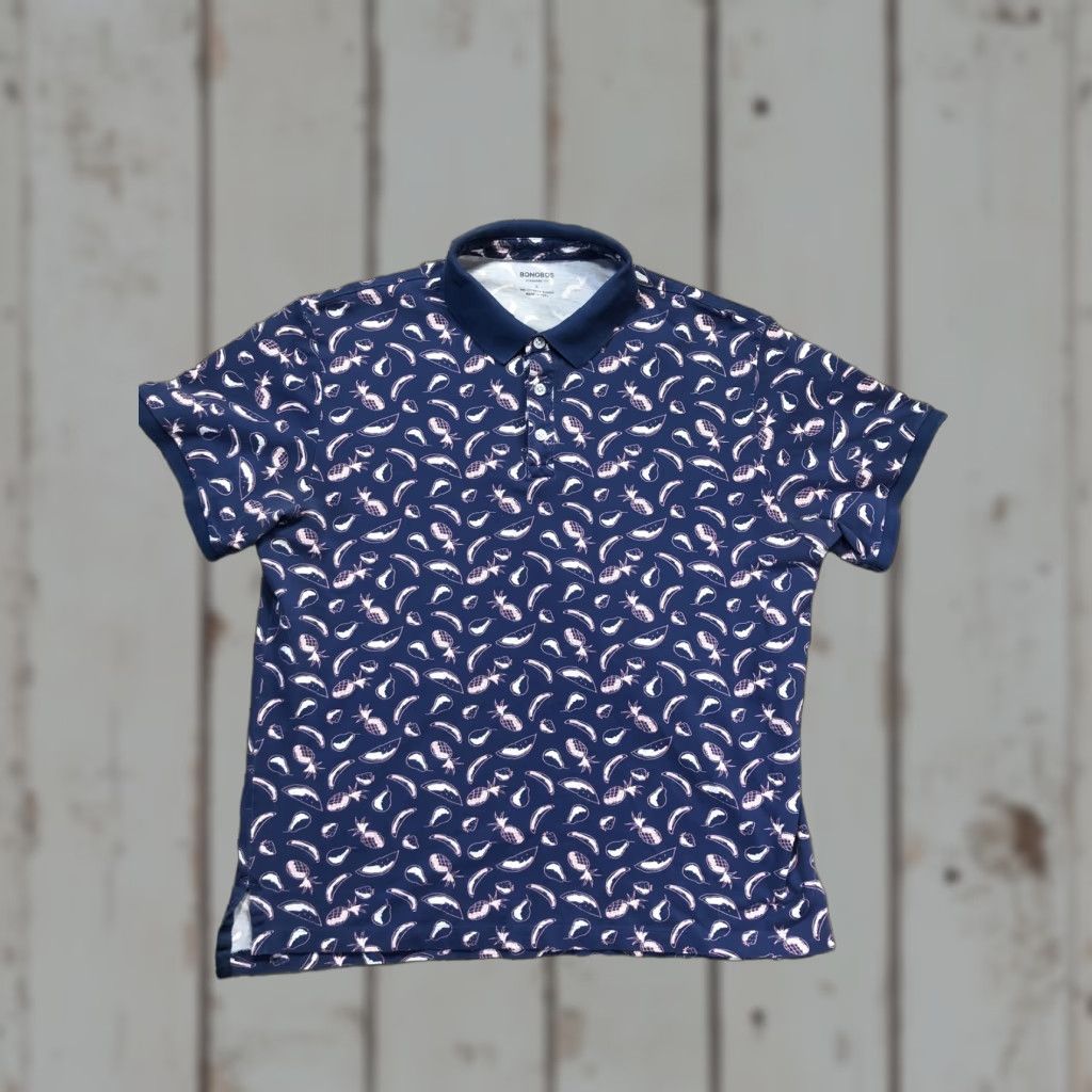 Bonobos Bonobos Polo Shirt Mens L Blue Tropical Fruit Print Short Sleeve Stretch Polo Shirt Casual Summer 98% Cotton 2% Spandex Regular Fit Graphic Print Size US L / EU 52-54 / 3 - 1 Thumbnail