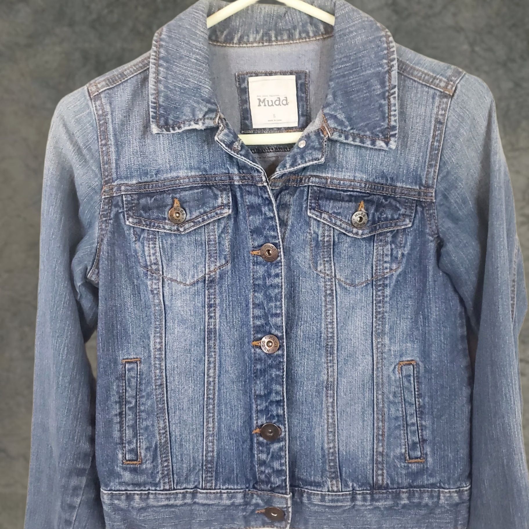 Denime Mudd Womens Denim Jacket Juniors Light Blue Wash Button Down Distressed SMALL Jacket Women S Cotton Denim Solid Pockets Collared Buttons Vintage No Size S / US 4 / IT 40 - 1 Thumbnail
