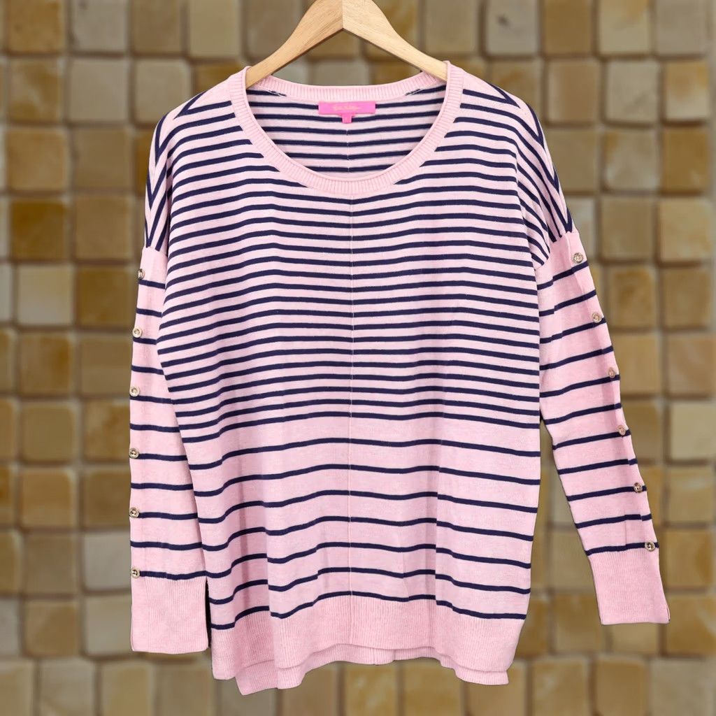 Lilly Pulitzer Lilly Pulitzer Women's Sweater Stripe Pink L Cotton, Polyester Pullover Round Neck All Seasons Lightweight Knit Button, Machine Washable Size L / US 10 / IT 46 - 1 Thumbnail