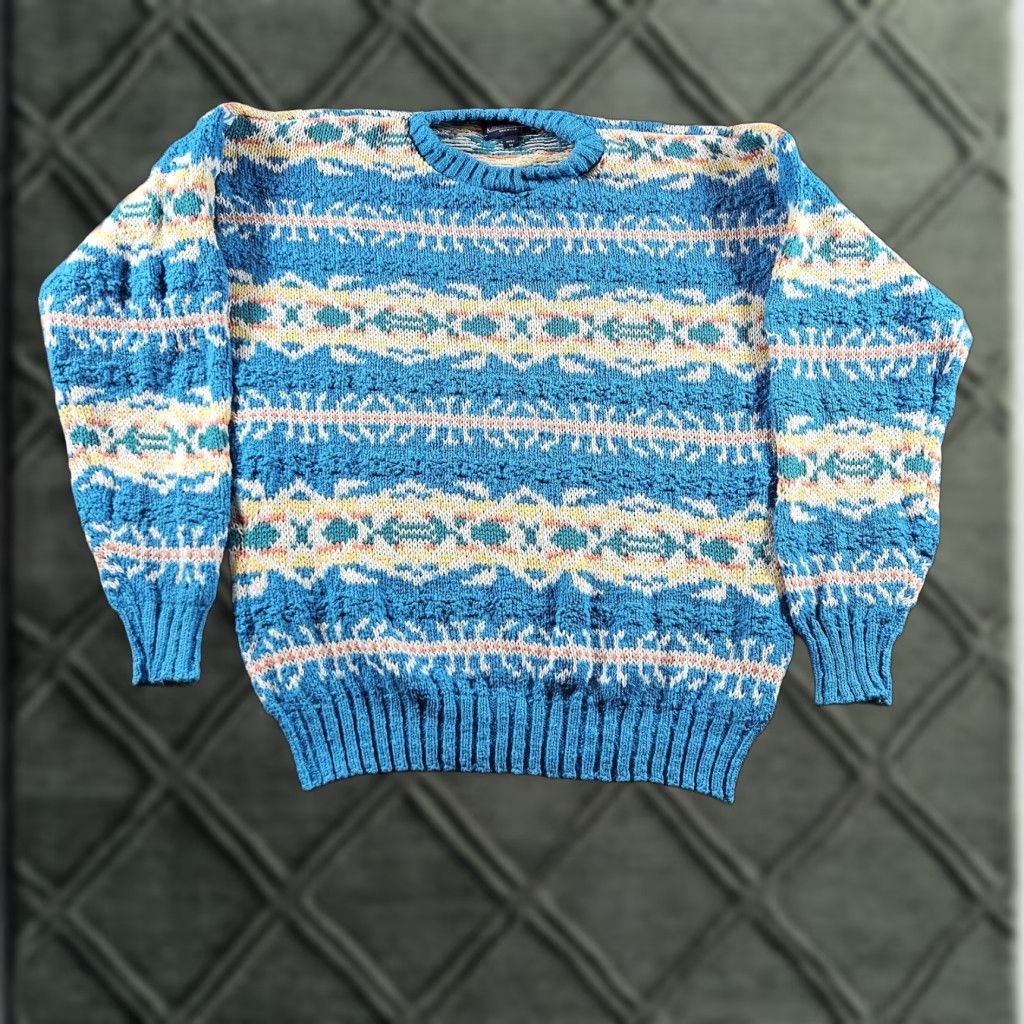 VINTAGE Lands' End Sweater Mens Medium Blue Cotton Fair Isle Knit USA 80s