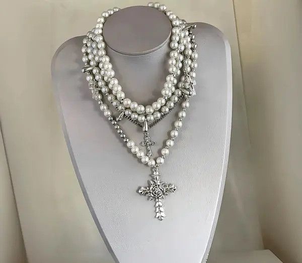 Jewelry White Pearl Cross Charm Layered Necklace, Gothic Jewelry Size ONE SIZE - 4 Thumbnail