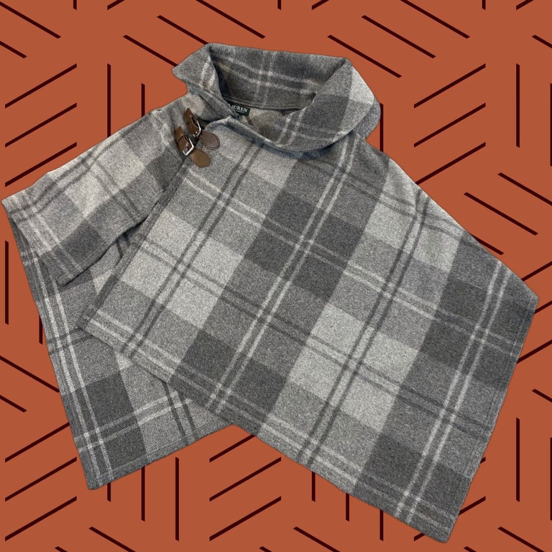 Ralph Lauren VINTAGE Lauren Ralph Lauren Poncho Cape Wool Gray Plaid One Size Women's Fall Winter Casual Formal Size ONE SIZE - 1 Thumbnail