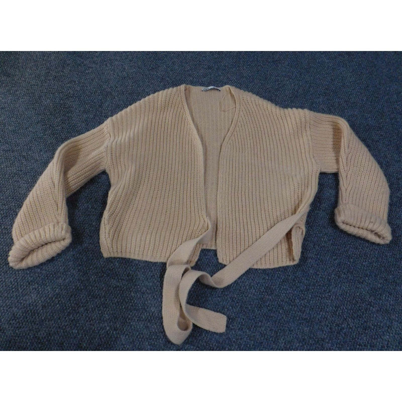 Zara Zara Cardigan Sweater Womens Large Beige Chunky Rib Knit Open Front Tie Waist L Womens Beige Cardigan Sweater Size L / US 10 / IT 46 - 2 Thumbnail