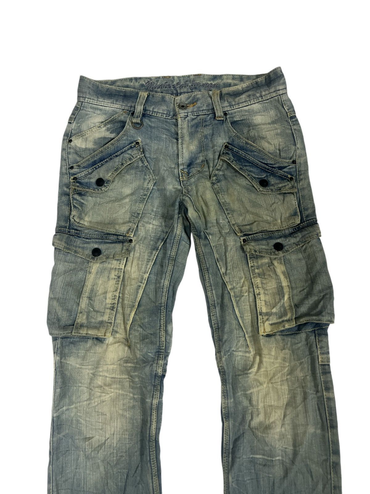 Japanese Brand FLARED🔥THRASHED FADED CARGO DENIM PANT Size US 30 / EU 46 - 2 Thumbnail