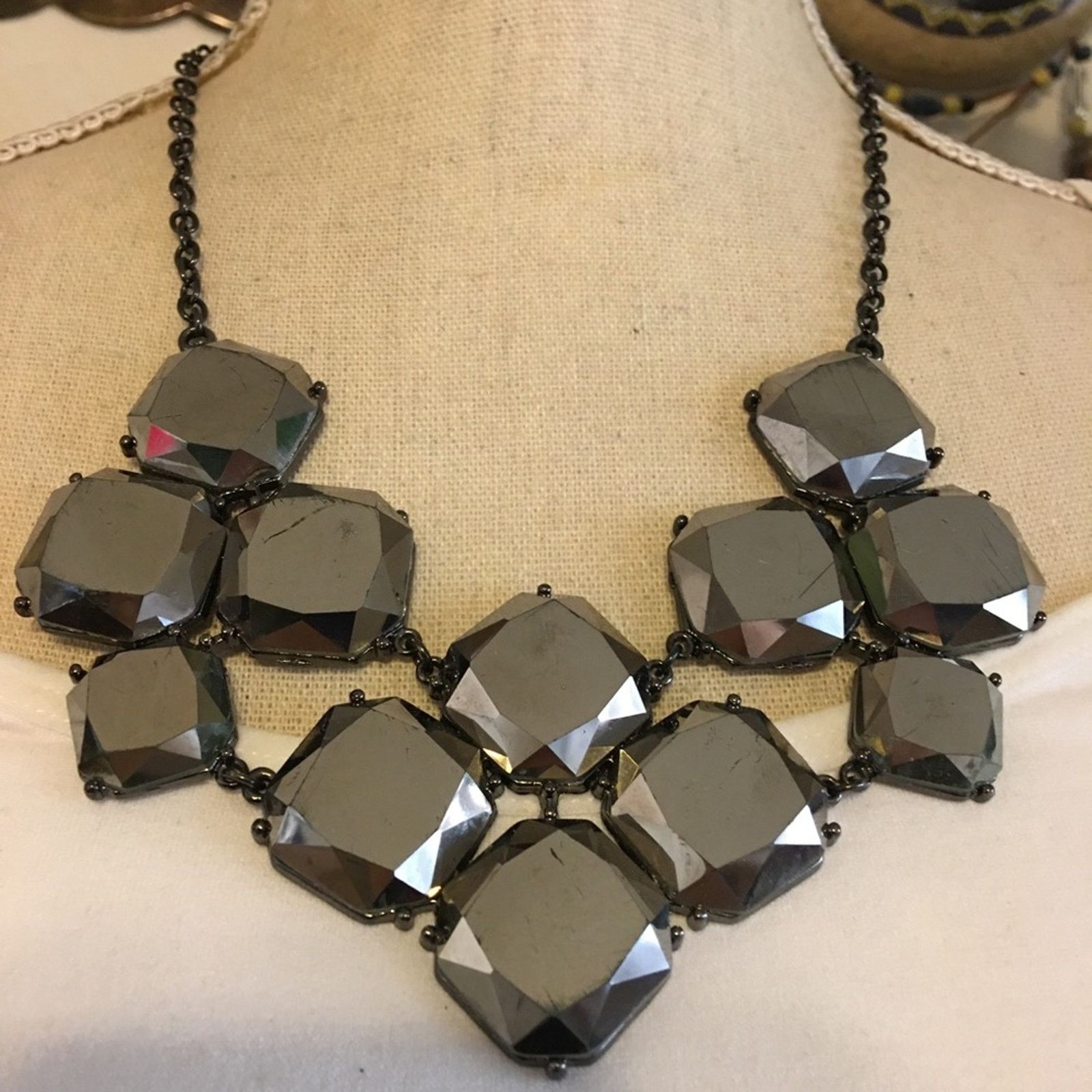 Jewelry Dark chrome tone faceted glass statement necklace Size ONE SIZE - 1 Thumbnail