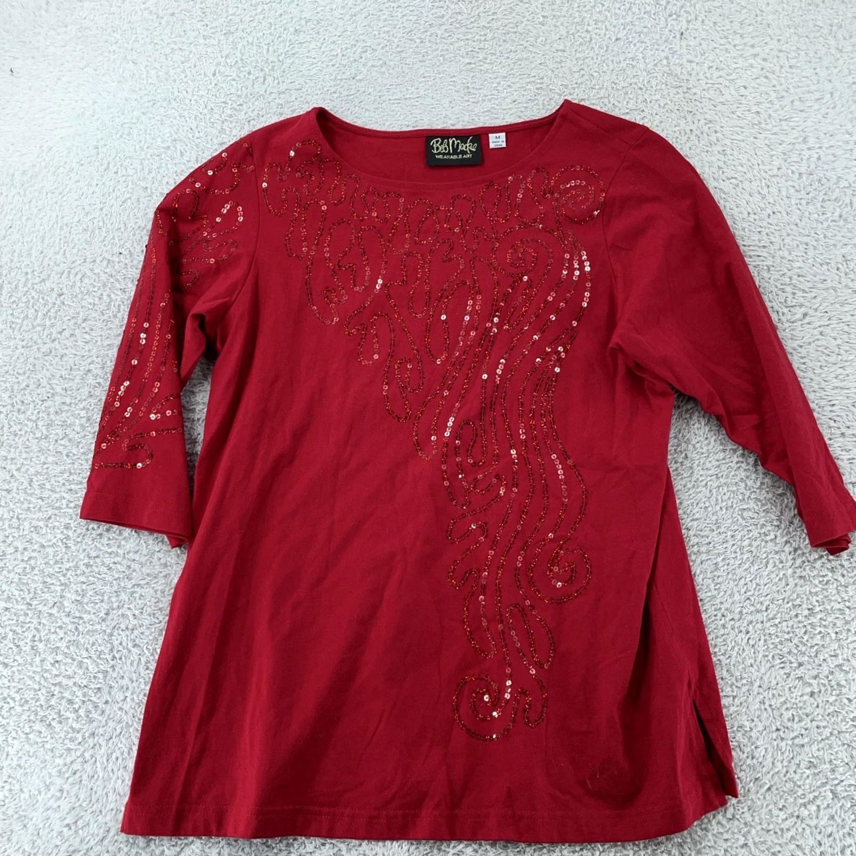 Bob Mackie Bob Mackie Wearable Art Shirt Womens Medium Red Sequin 3/4 Sleeve Scoop Neck Top Size M / US 6-8 / IT 42-44 - 2 Thumbnail