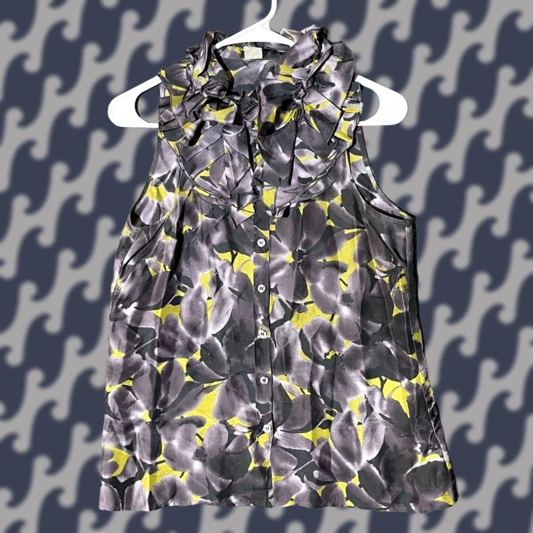 J.Crew J. Crew Button-Up Silk Blouse Sleeveless Floral Gray Green Ruffle Collar Women 2 Regular Size XS / US 0-2 / IT 36-38 - 1 Thumbnail