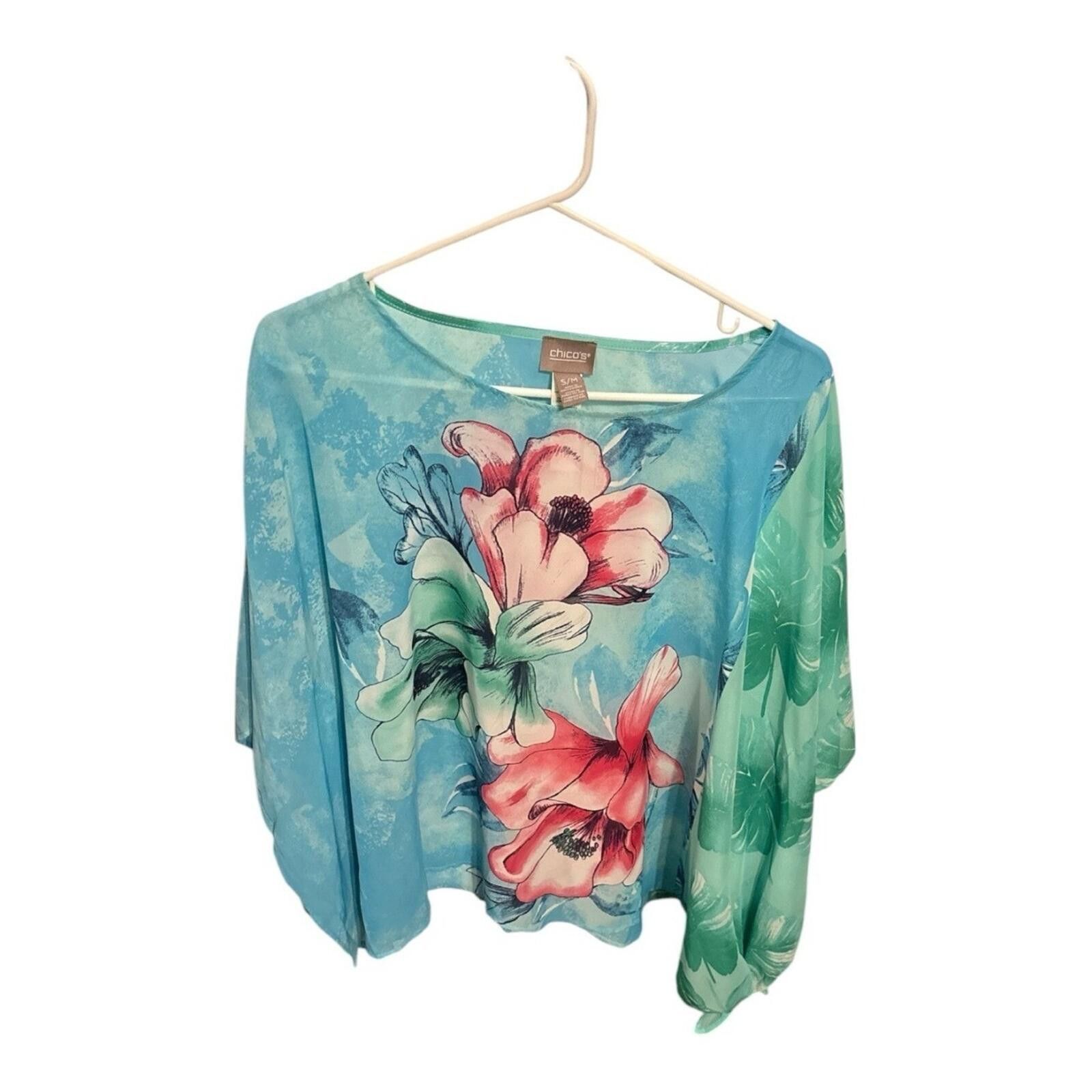 Chicos Chico's Aqua Blue Floral Boatneck Scoop Top Size M / US 6-8 / IT 42-44 - 1 Thumbnail