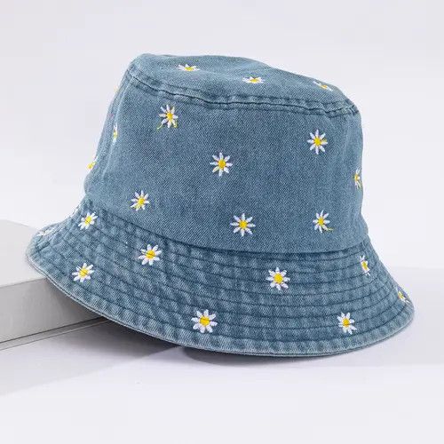 Japanese Brand Denim Flower Embroidery Bucket Hat Size ONE SIZE - 4 Thumbnail