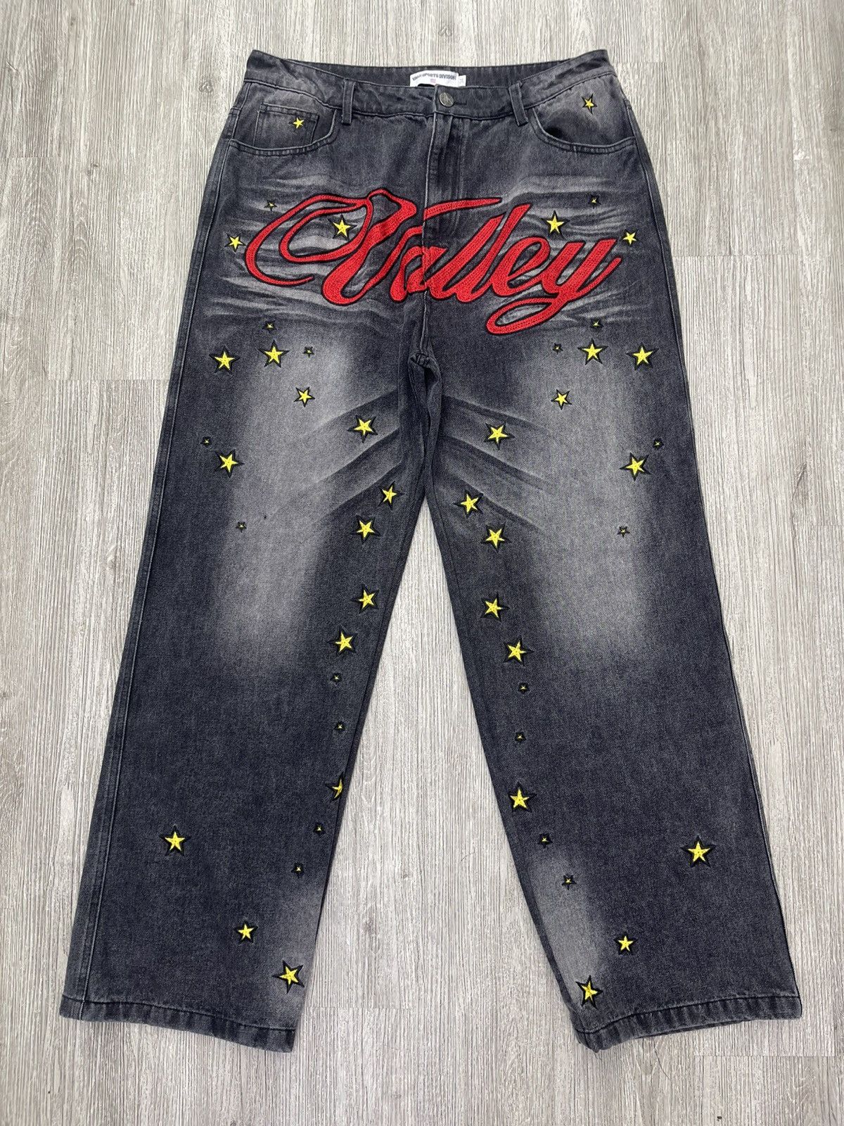 Vale Vale lives jeans black red logo all over yellow stars Size US 34 / EU 50 - 1 Thumbnail
