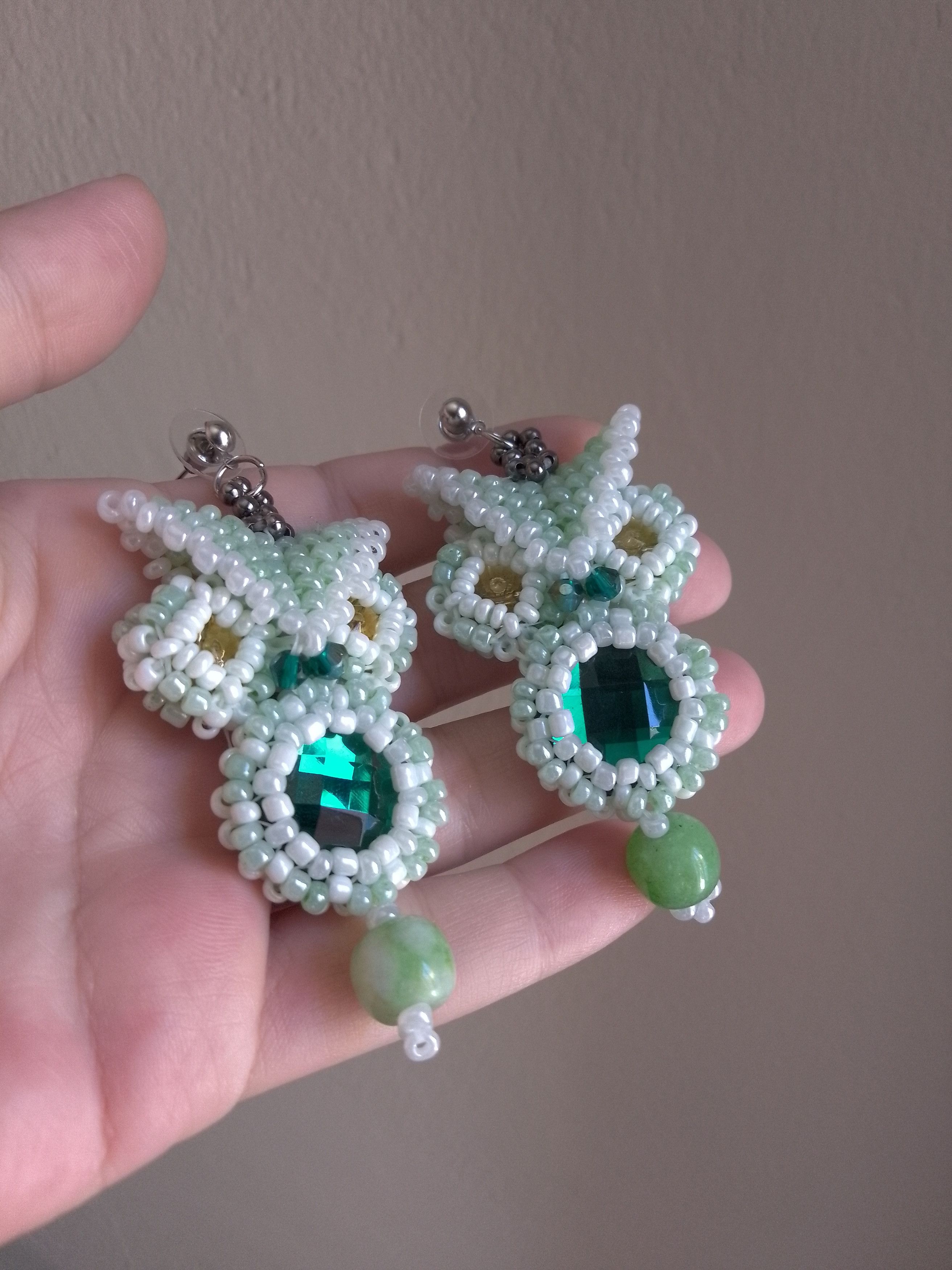 Handmade Owl dangling earrings with precious gemstones and zirconia Size ONE SIZE - 6 Thumbnail