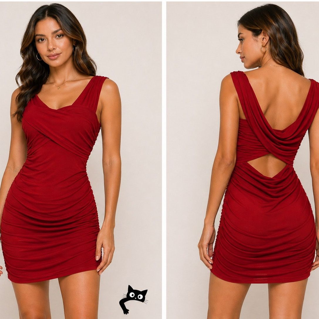 Guess Guess Red Ruched Draped Off-Shoulder Cross Back Mini Dress S Size S / US 4 / IT 40 - 3 Thumbnail