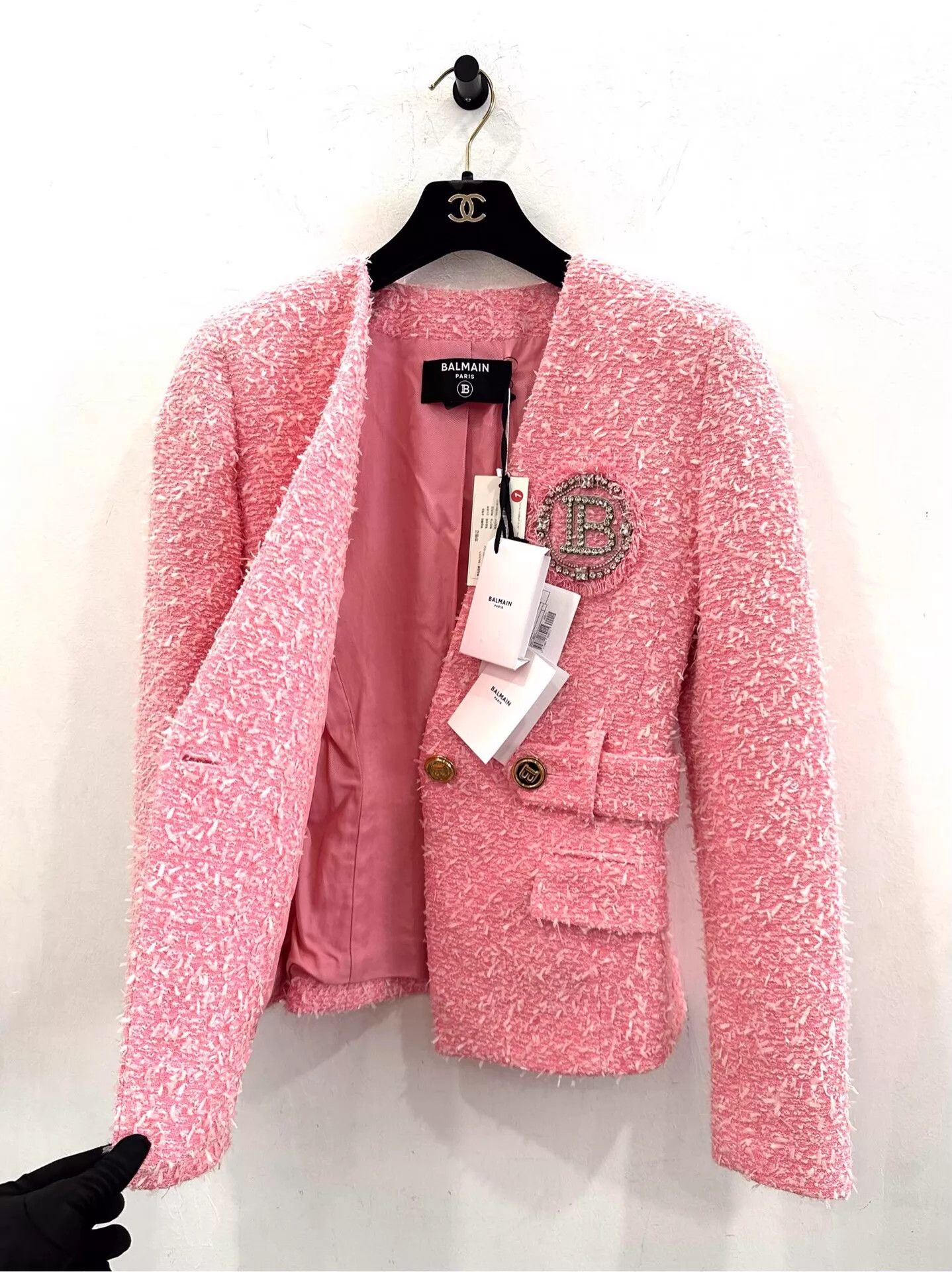 Balmain Balmain pink tweed pave B logo jacket women's Size XS / US 0-2 / IT 36-38 - 4 Thumbnail