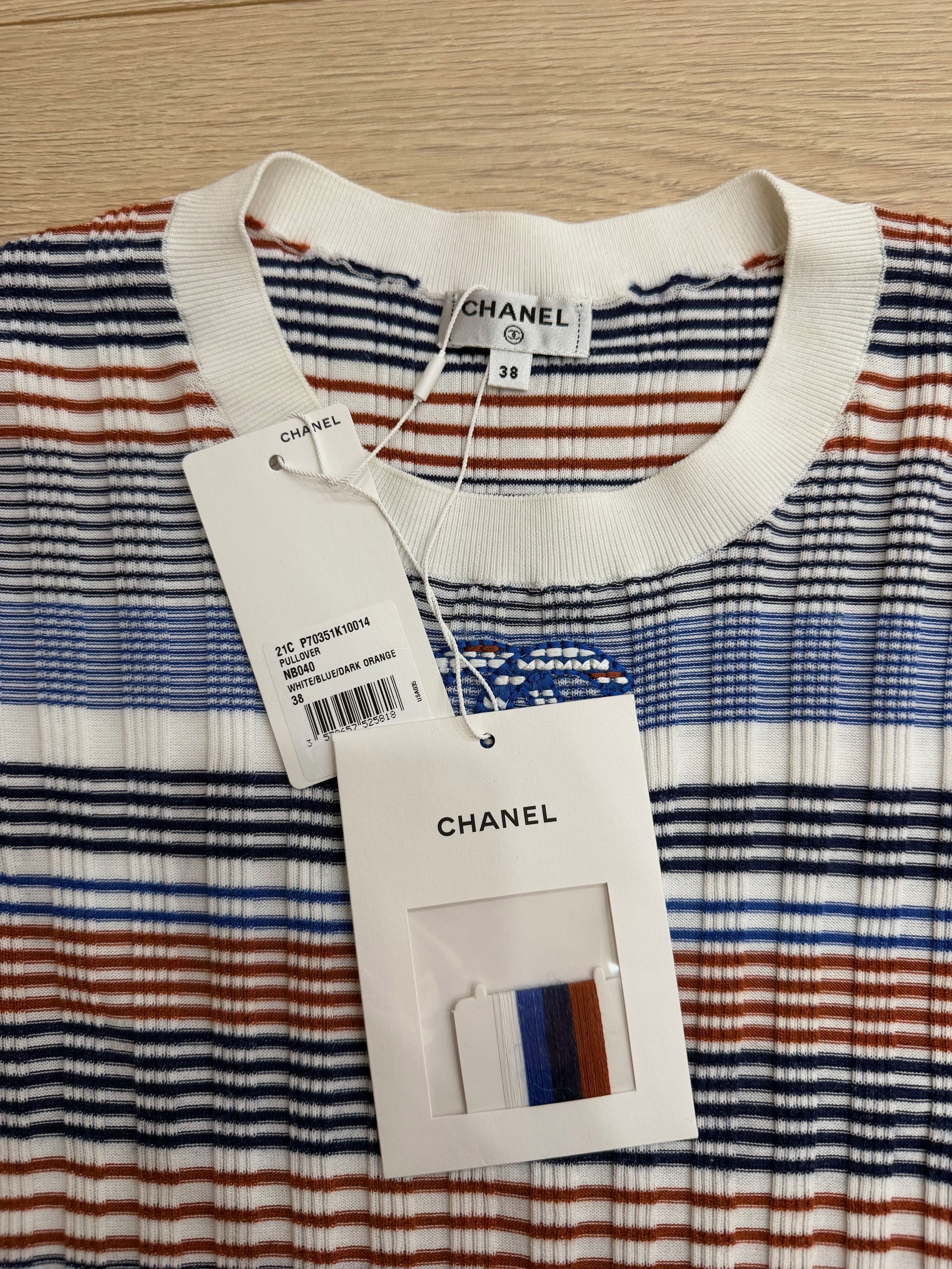 Chanel 21C White Orange Striped CC Logo Top Short Pullover Shirt 38 Size XS / US 0-2 / IT 36-38 - 12 Thumbnail
