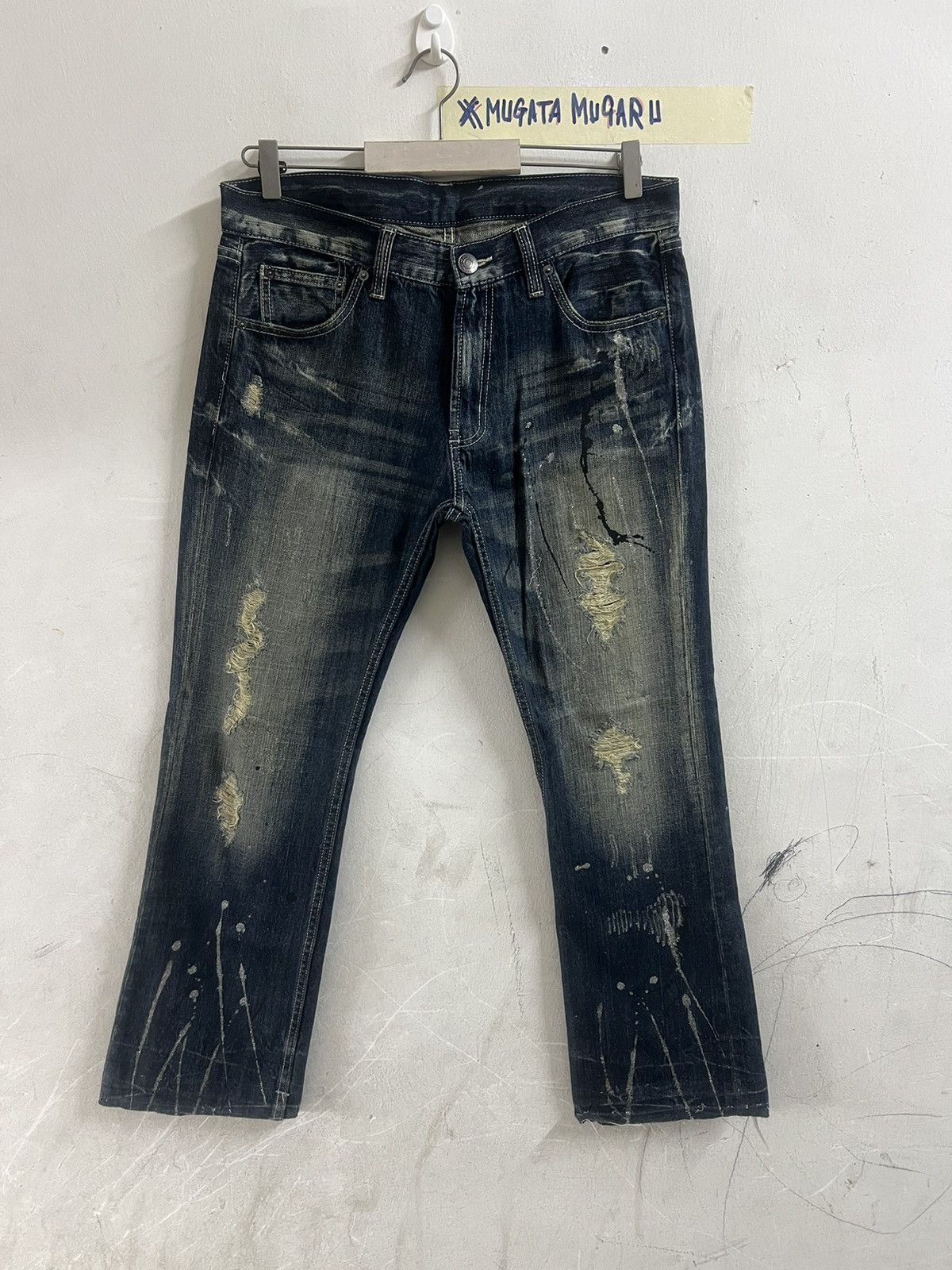 Japanese Brand THRASHED UNKNOW RIPPED SPLUTTER DENIM PANT Size US 34 / EU 50 - 1 Thumbnail