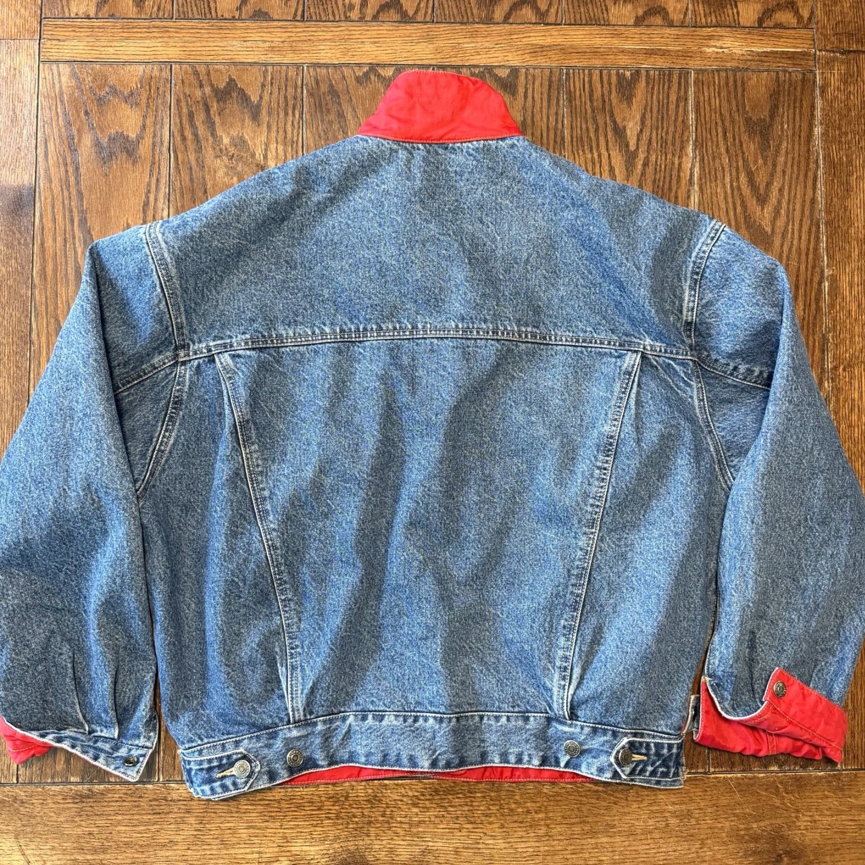 Gap VINTAGE GAP Jean Trucker Jacket Reversible RED Nylon & Blue Denim Large Size US 33 - 7 Thumbnail
