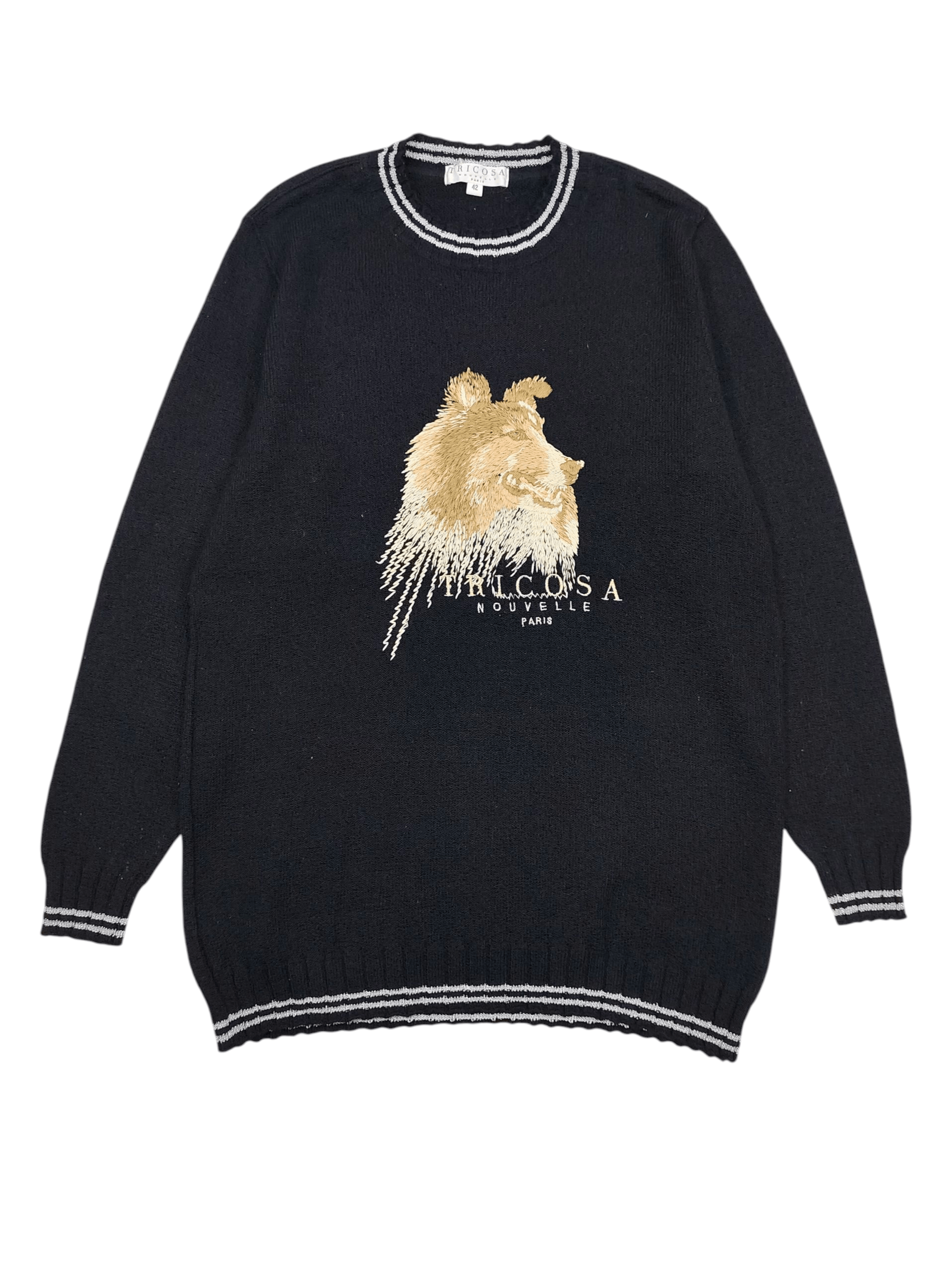 Vintage 90s Tricosa 🇫🇷 Wolf Handmade Embroidered Wool Knit Sweater Size US M / EU 48-50 / 2 - 1 Thumbnail