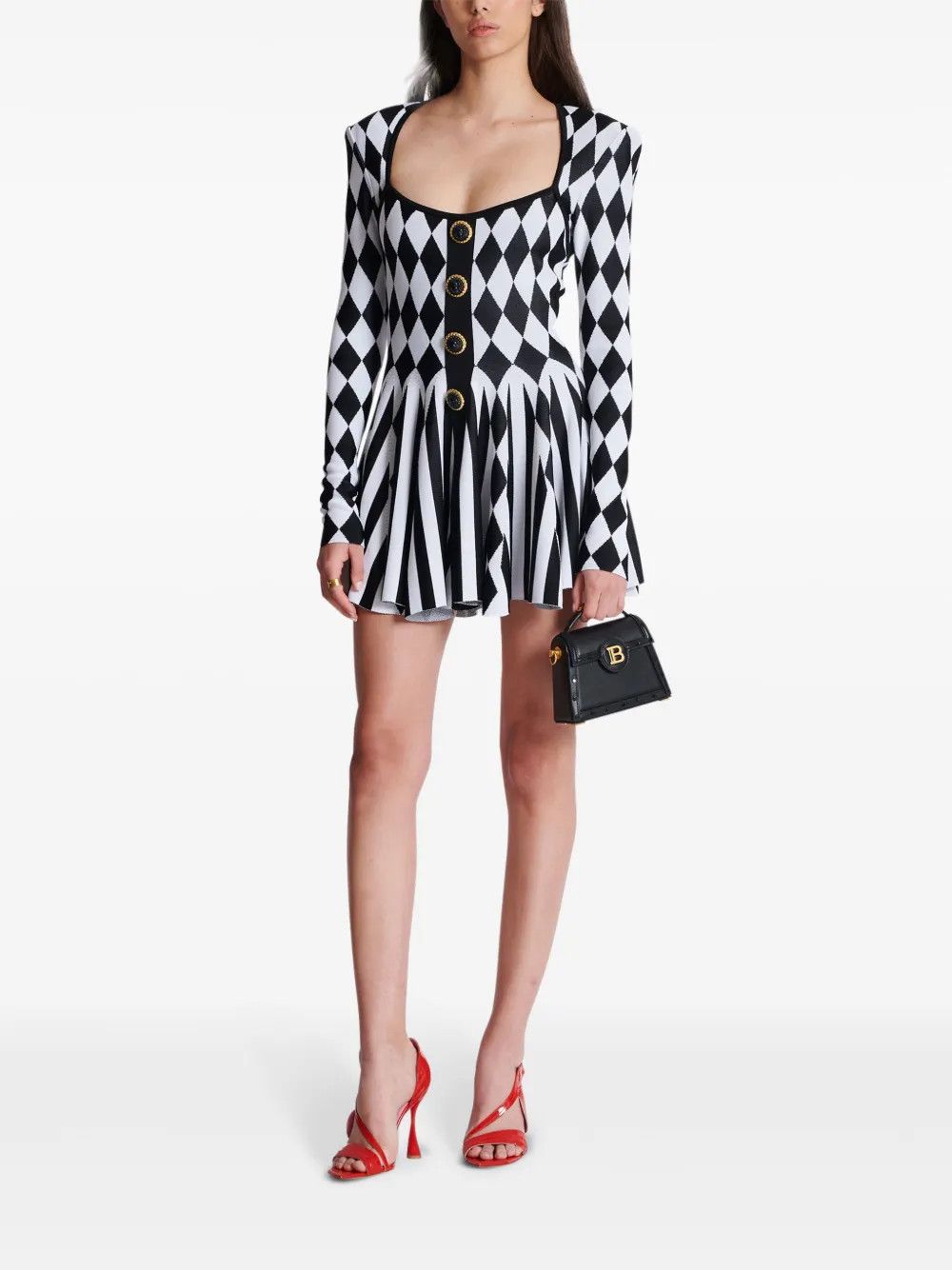 Balmain o1s1wg110725 Jacquard Knit Mini Dress in Black/White Size L / US 10 / IT 46 - 2 Thumbnail