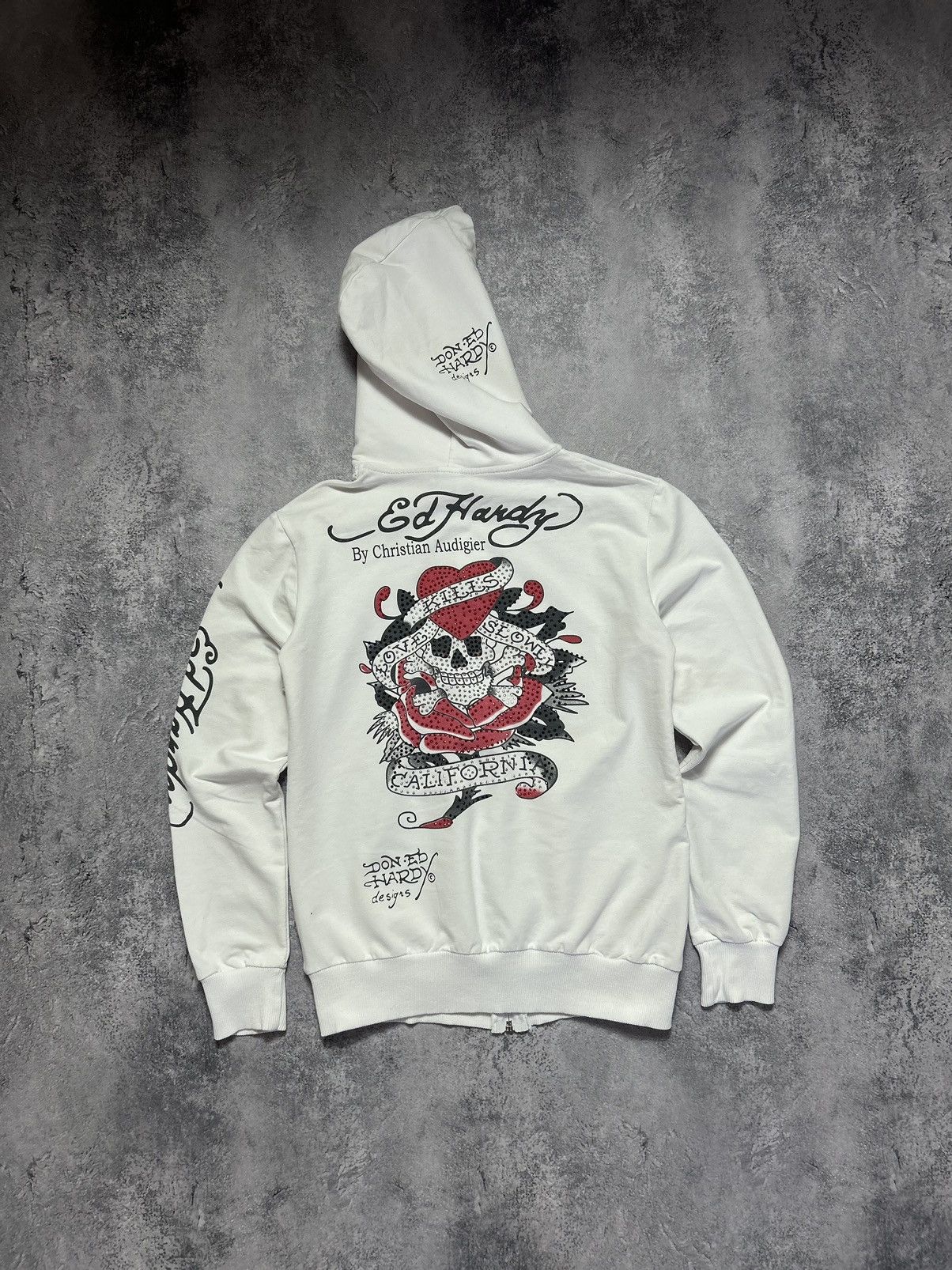 image of Christian Audigier x Ed Hardy Vintage Ed Hardy Zip-Hoodie Christian Audigied Big Logo in White (Siz