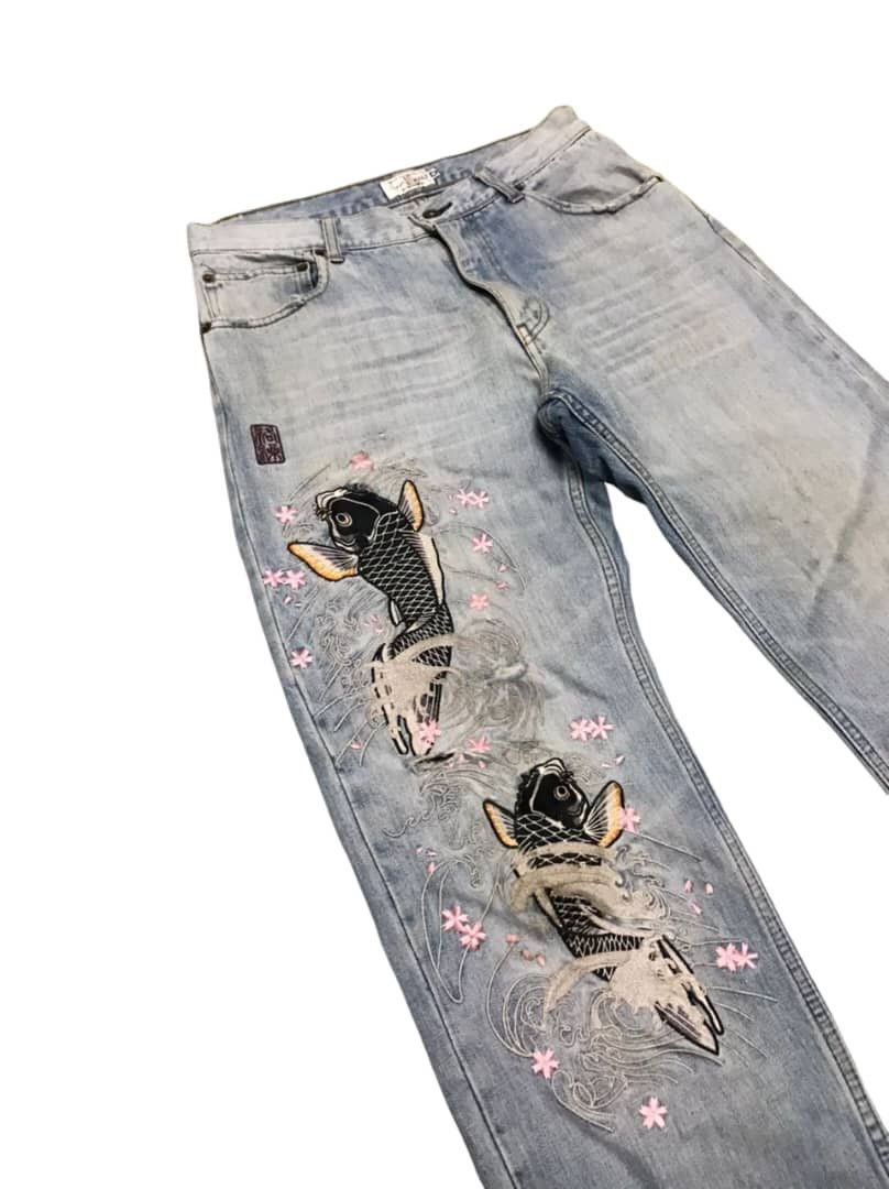 Japanese Brand Vintage KaraKuri Tamashi Koi Fish Embroidery Jeans Size US 32 / EU 48 - 4 Thumbnail