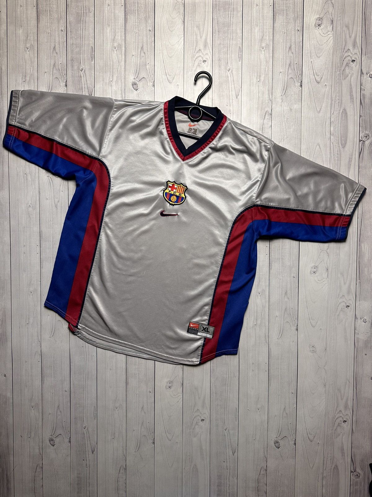 image of F C Barcelona x Nike Vintage Nike Barcelona Silver Soccer Jersey Size XL Logo, Men's