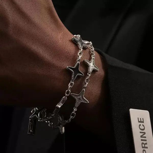 Jewelry Silver and Black Star Link Chain Bracelet, Men's Accessory Size ONE SIZE - 8 Thumbnail