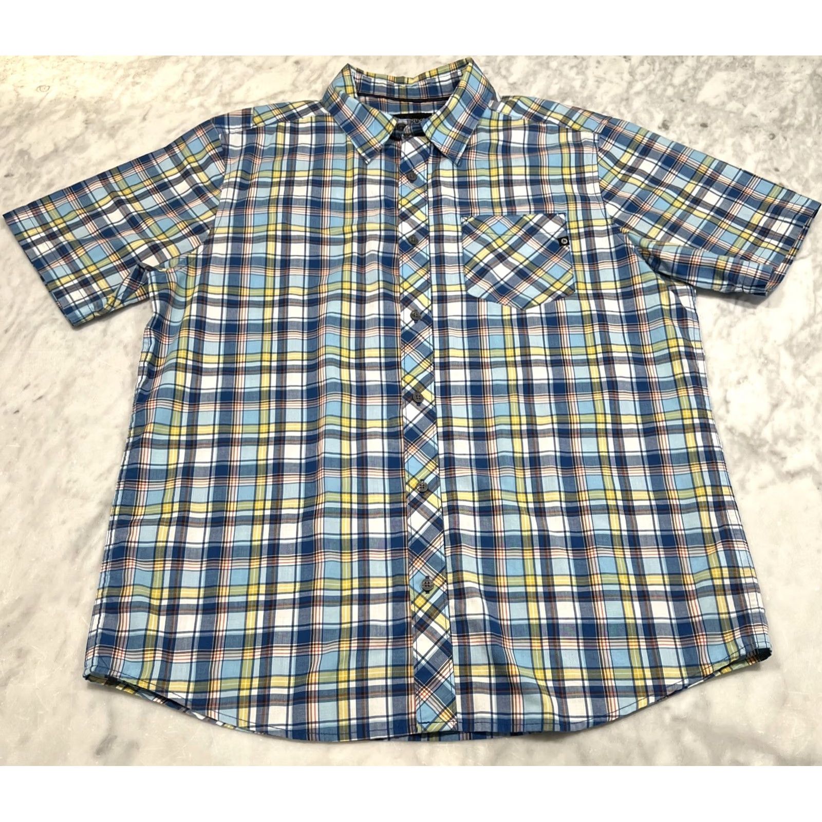 Marmot Marmot Shirt Men Large Short Sleeve Button-Up Collared Plaid Blues Yellow Pocket Casual Workwear Travel Outdoor Pattern Multicolor Cotton Polyester Size US L / EU 52-54 / 3 - 3 Thumbnail