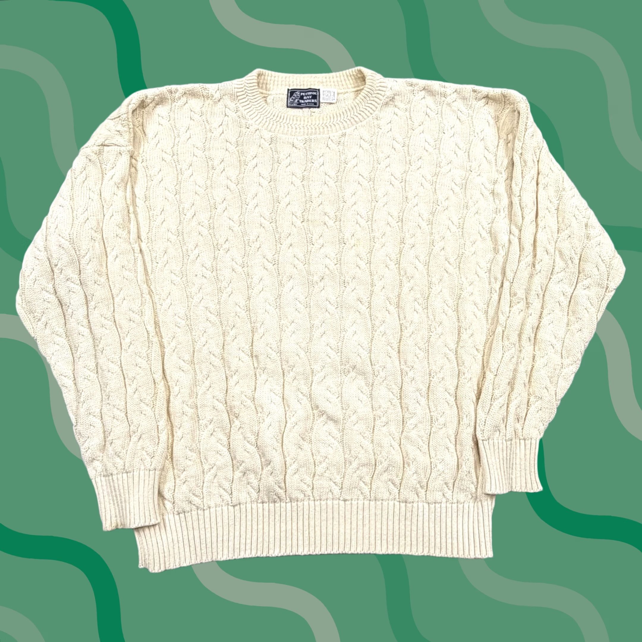 Vintage Peconic Bay Traders Sweater Mens XL White Cable Knit Cotton Crewneck Pullover Size US XL / EU 56 / 4 - 1 Thumbnail
