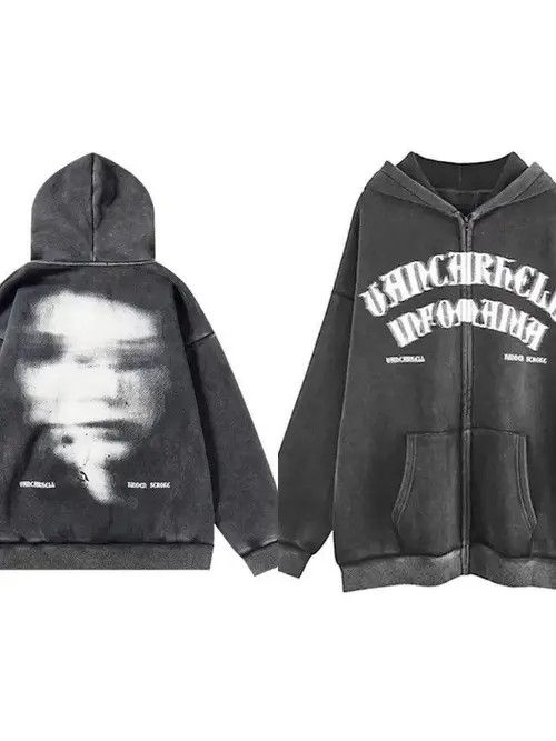 Japanese Brand Mayumi x Kouno Face Graphic Bleached Full Zip Hoodie Size US L / EU 52-54 / 3 - 4 Thumbnail