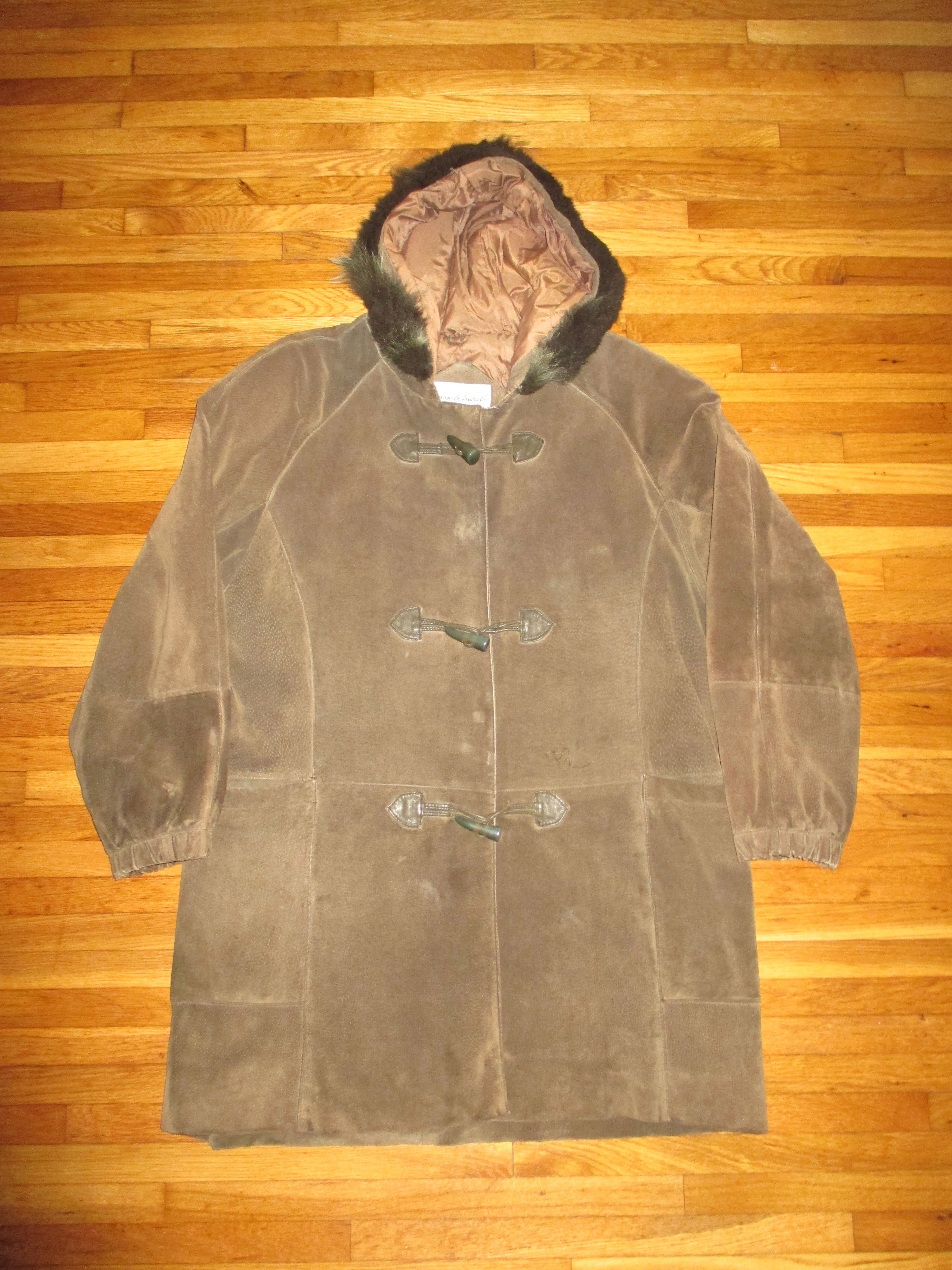 Rare Vintage 1990s Suede Hooded Distressed Toggle Coat